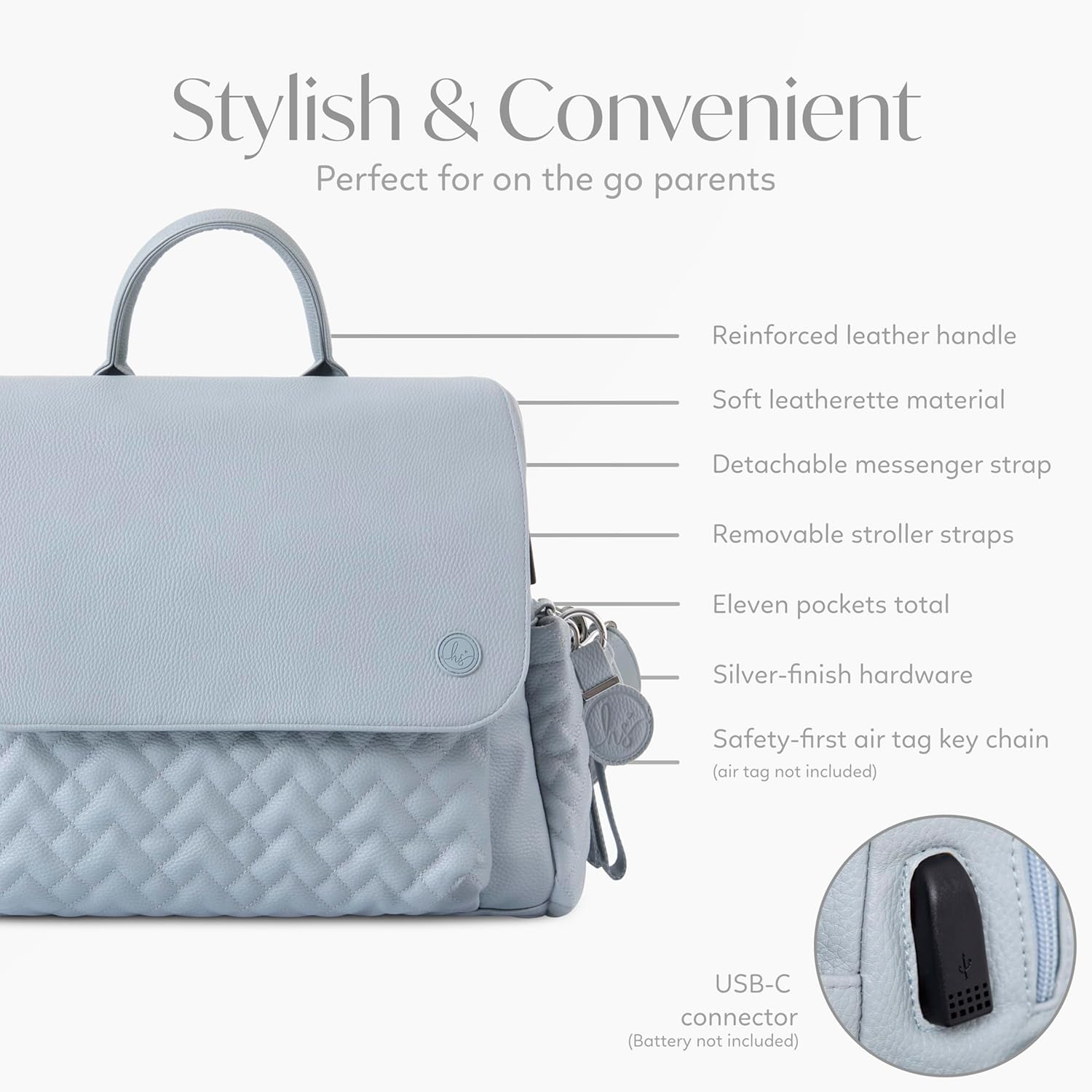 Hannah & Sophia Traveler Diaper Backpack, 4-piece Travel Baby Bag Set with USB-C Charging Port, 11-Pocket Organization System, Bottle Bag, Changing Pad & AirTag Keychain, Moonmist Blue