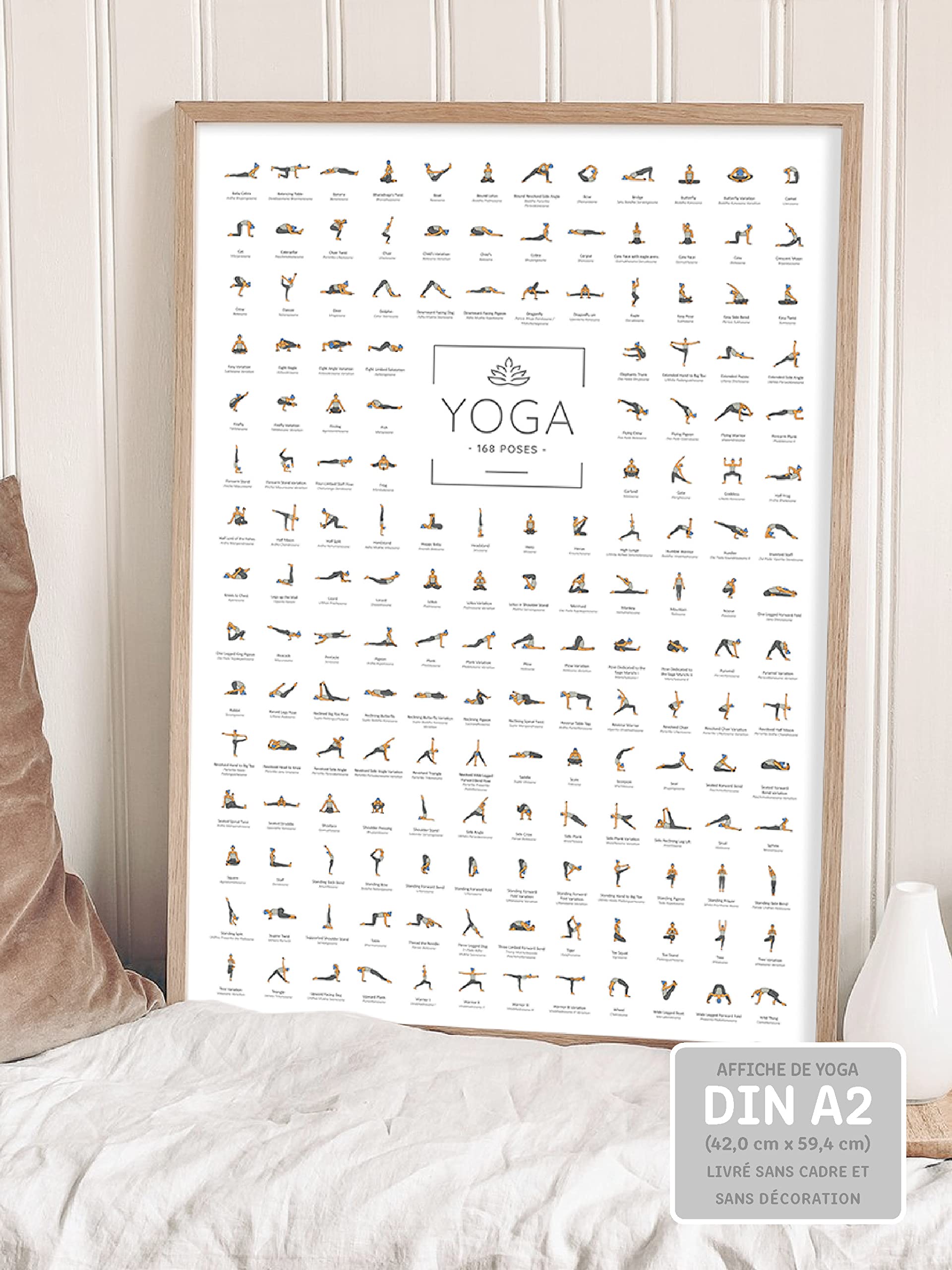 JUNOMI® Poster de Yoga DIN A2 avec 168 postures et asanas, accessoires de yoga pour studios et exercices à domicile, idée cadeau parfaite pour le yoga | sans cadre