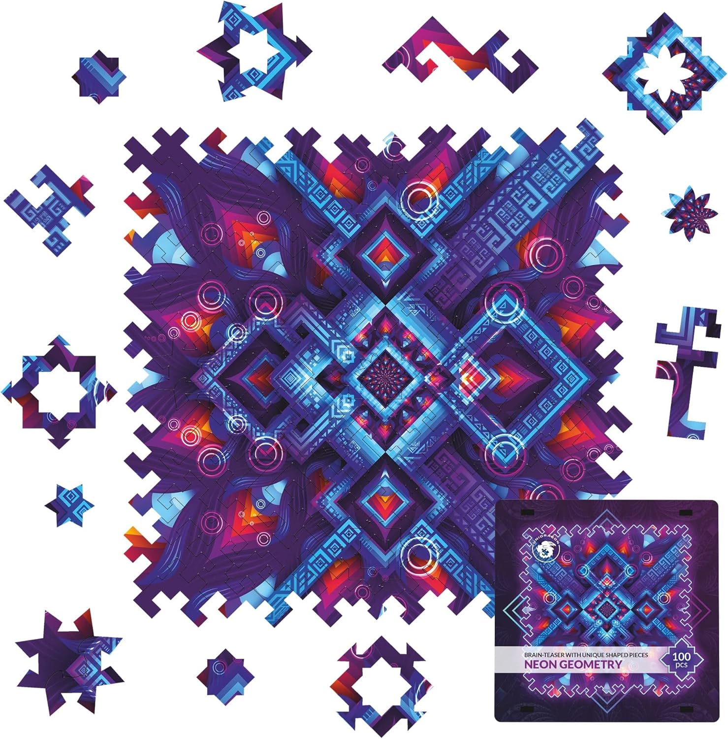 UNIDRAGON Neon Geometry Wooden Jigsaw Puzzle for Adults - 100 Unique Shaped Pieces - Brain Teaser - 8.54 x 8.54 in (21.7 x 21.7 cm)