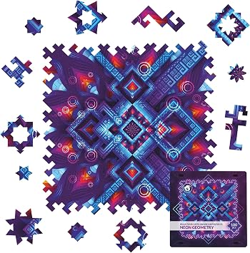 UNIDRAGON Neon Geometry Wooden Jigsaw Puzzle for Adults - 100 Unique Shaped Pieces - Brain Teaser - 8.54 x 8.54 in 21.7 x 21.7 cm