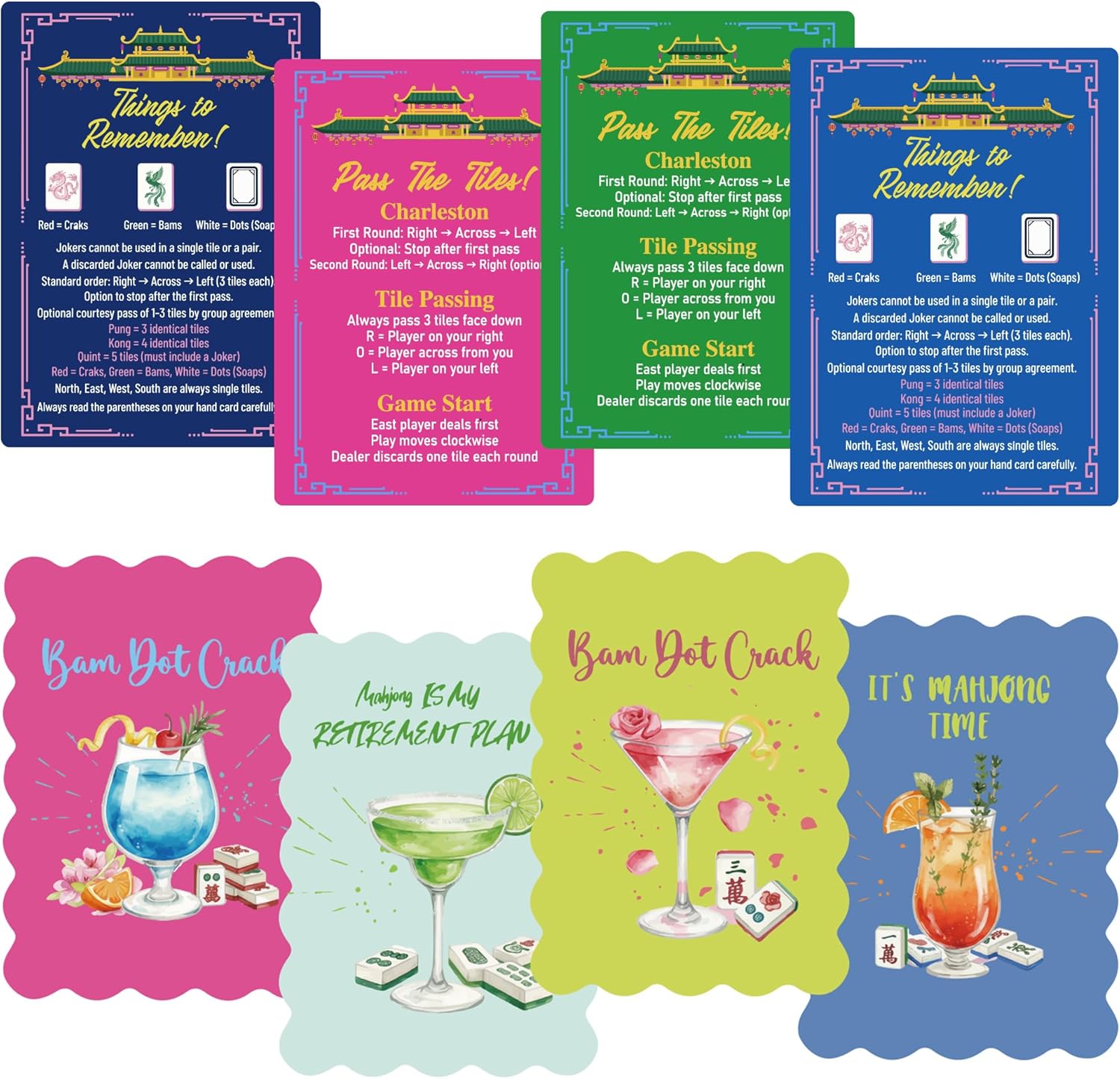 Mahjong Shuffler Cards Set-8 PCS Wall & Cocktail Theme PVC Tiles with Double-Sided Rules - Waterproof Durable Mahjong Accessories for Easy Setup | Unique Gifts for Mahjong Lovers, Women & Men（17*13cm)