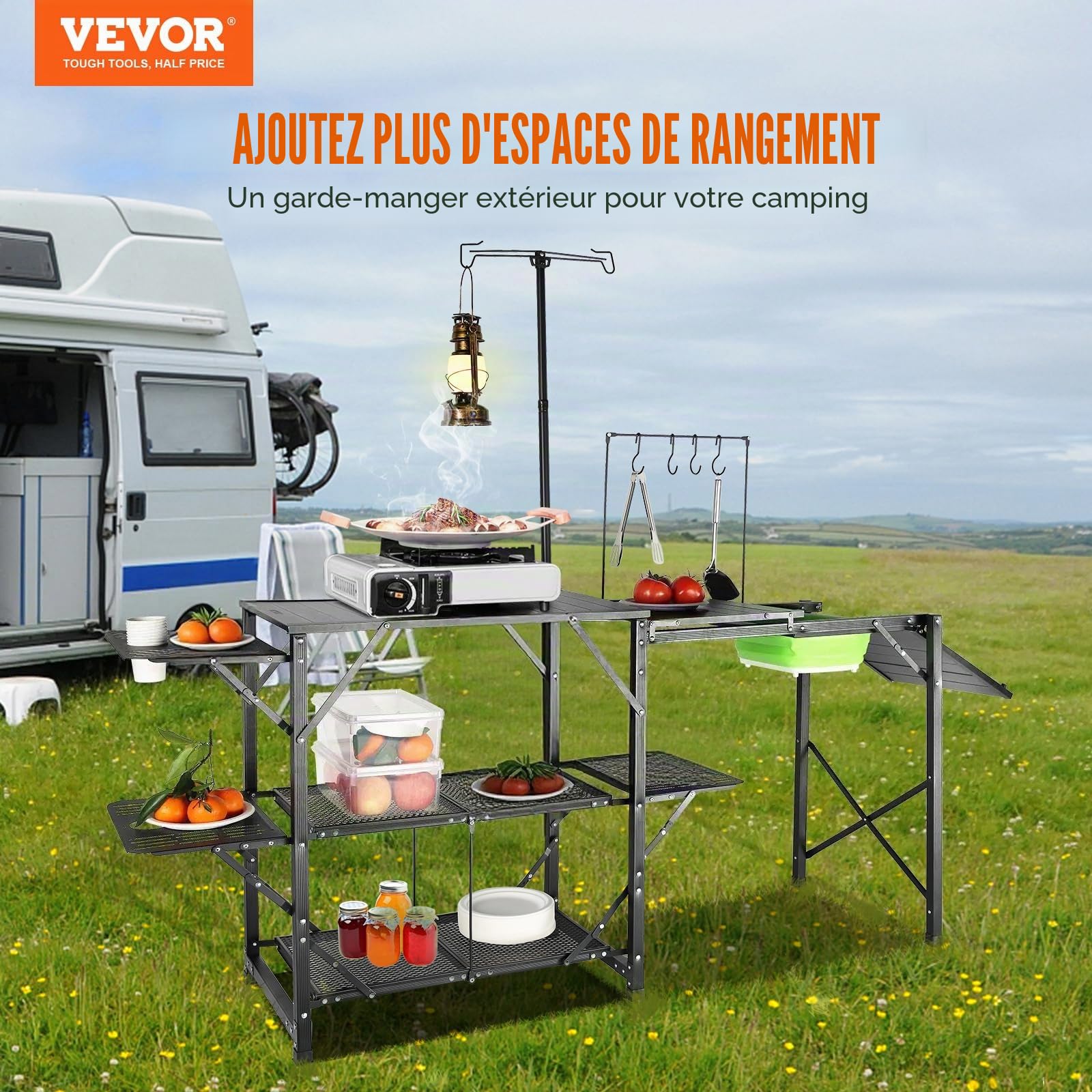 VEVOR Cuisine de Camping 174 x 50 x 160 cm Table de Camping Pliable Structure en Alu 5 Comptoirs Meuble de Cuisine avec Sac de Transport Évier Amovible Installation Facile pour BBQ Pique-Nique Jardin
