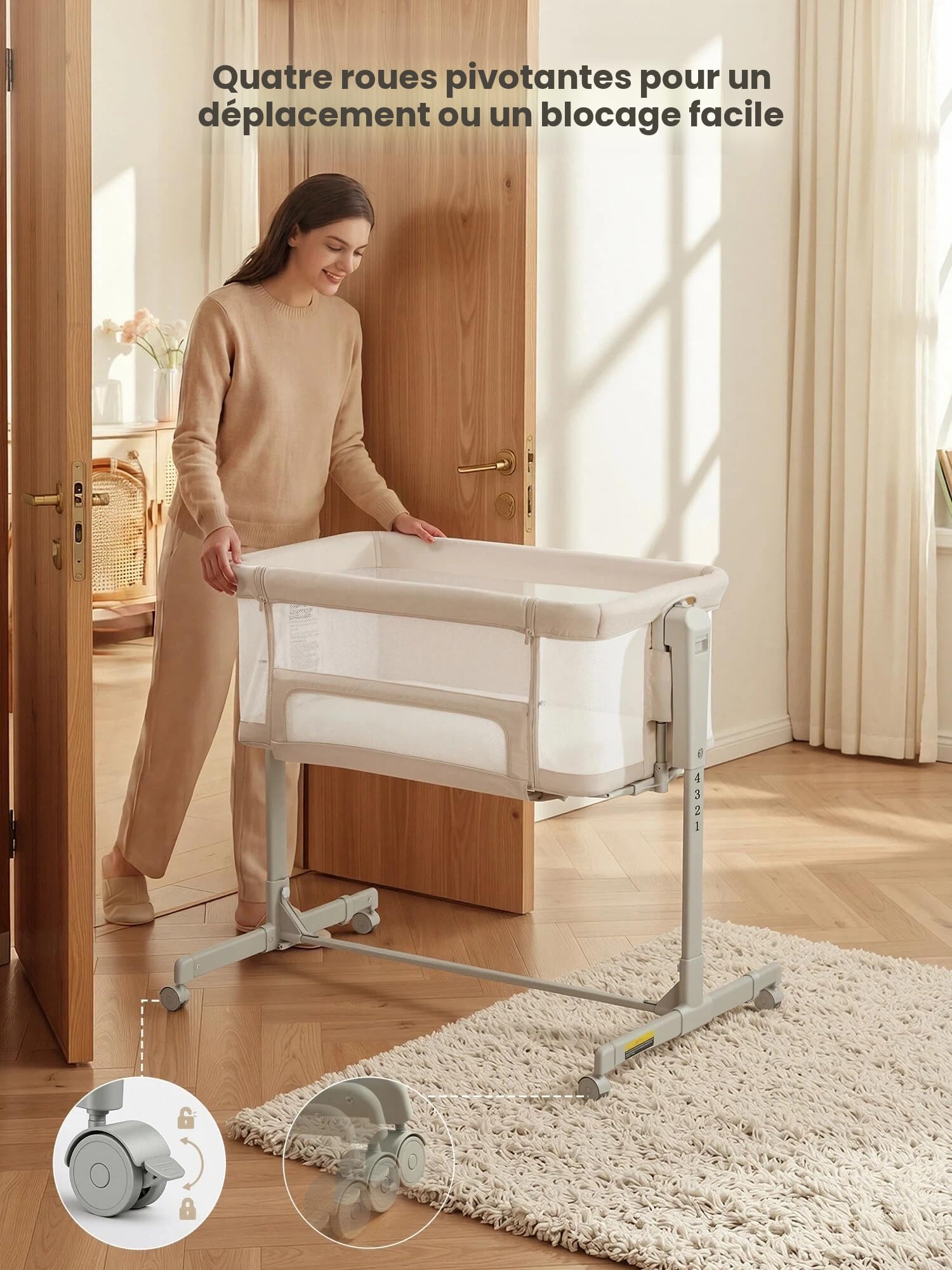 Berceau Cododo 3-en-1 à Bascule avec Roues Lit Bébé Réglable en Hauteur 6 Positions Matelas Doux Mousse Respirante