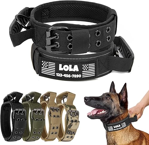 Collar táctico de nailon personalizado para perro con asa, parches de con nombre, tira reflectante, forro suave, hebilla de metal de doble agujero,