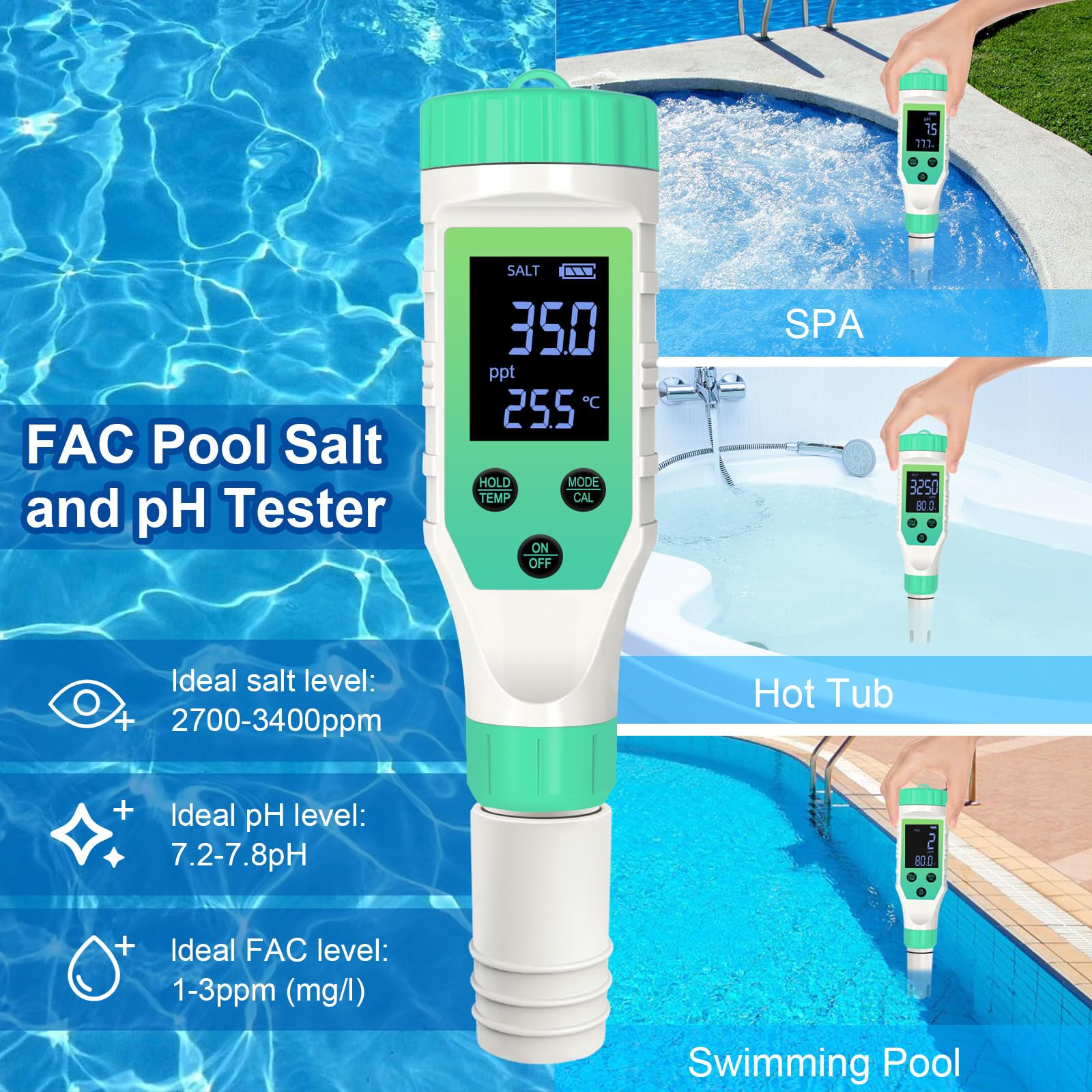 pH Chlor Messgerät Pool, Chlor und Pool Salzmessgerät Messgerät,7 in 1 pH FAC ORP Salzgehalt Messgerat, für Hydrokultur Aquarie