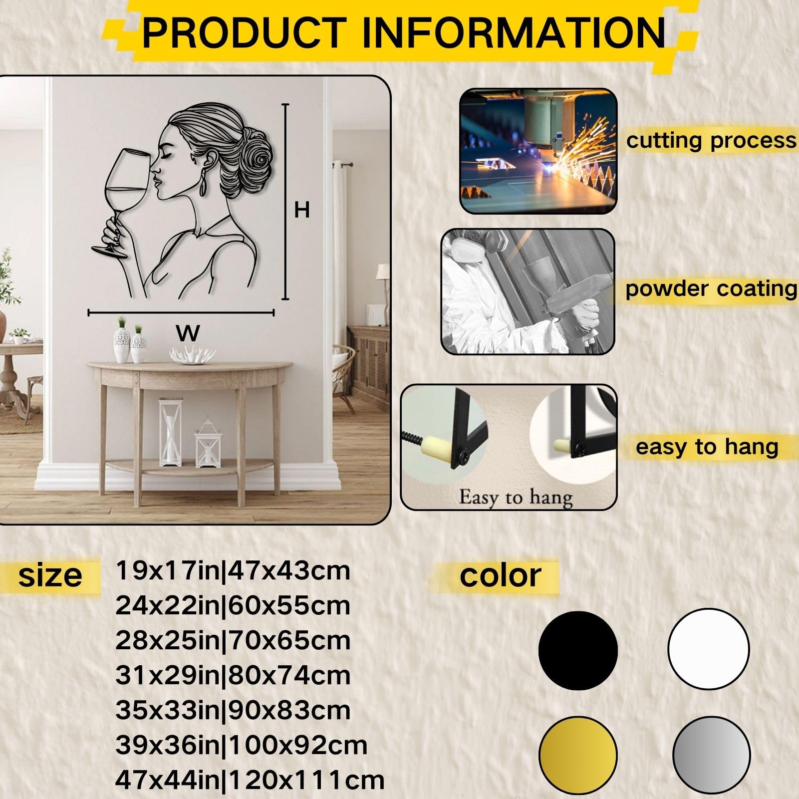 Decorazione murale in metallo raffigurante una donna, decorazione da parete per le, decorazioni per soggiorno, camera da letto, bagno, ufficio (nero, 70x65 cm, decorazione murale in metallo)