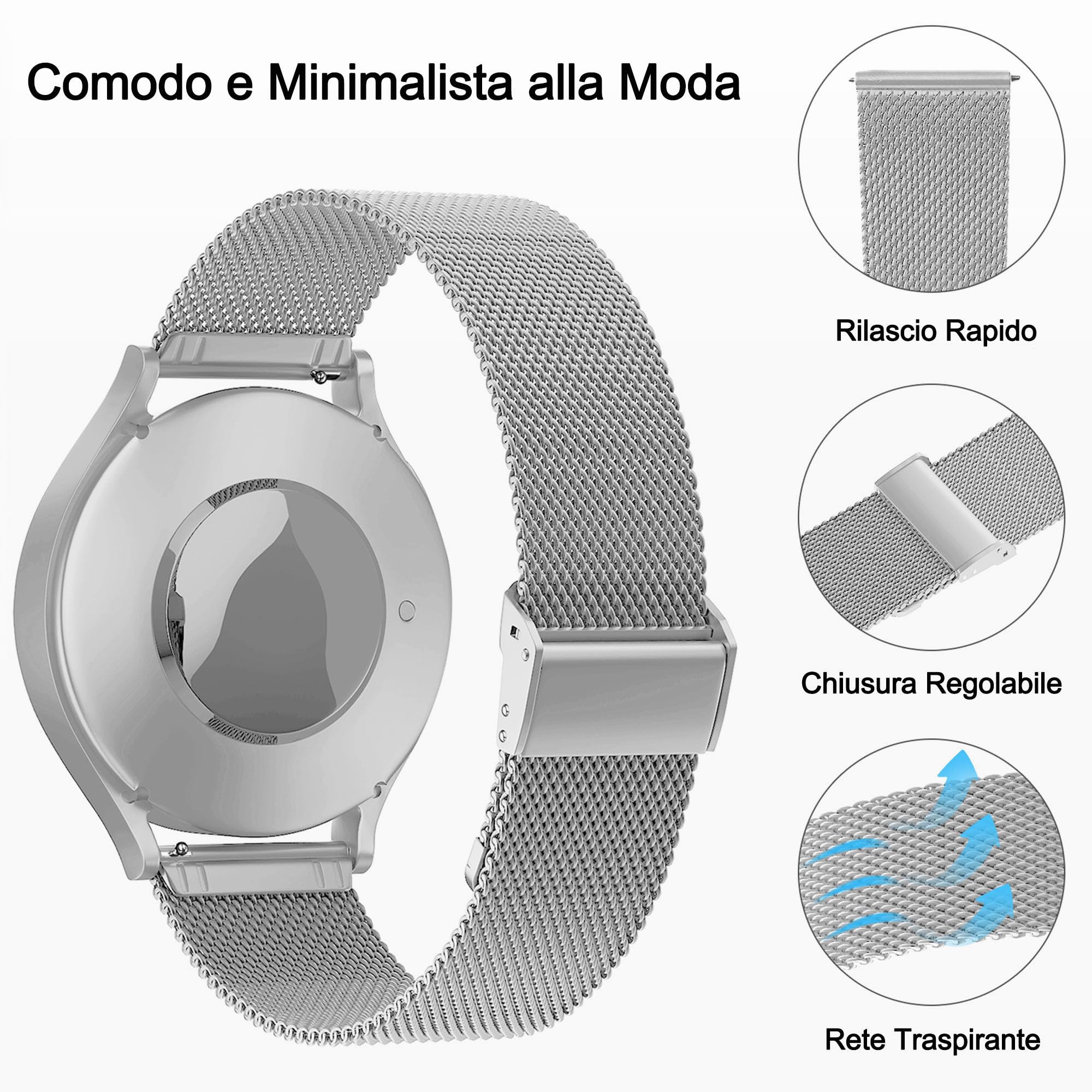 Cinturino Orologio In Acciaio Inossidabile 22mm - Maglia Regolabile Con Sgancio Rapido, Per Smartwatch