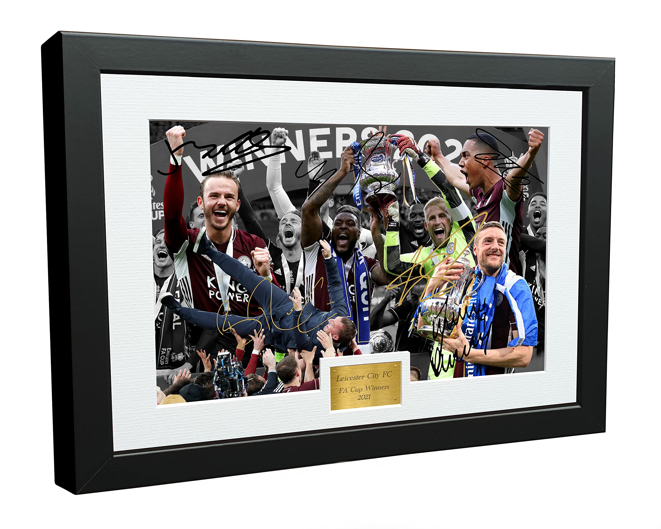 12x8 A4 '2021 FA CUP WINNERS' Brendan Rodgers James Maddison Jamie Vardy Youri Tielemans Kasper Schmeichel Wes Morgan Leicester City FC Signed Autographed Photo Photograph Picture Frame Poster Gift