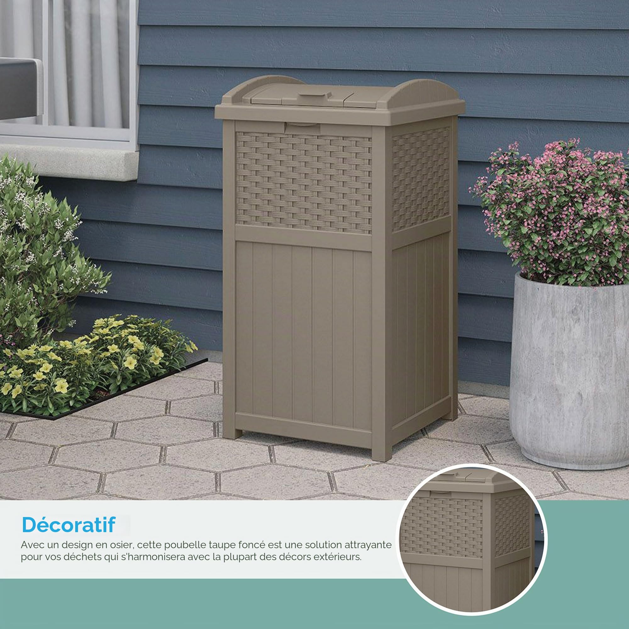 Suncast Poubelle d'extérieur en résine avec Couvercle - pour Jardin, terrasse, Patio - Taupe foncé - 100 litres