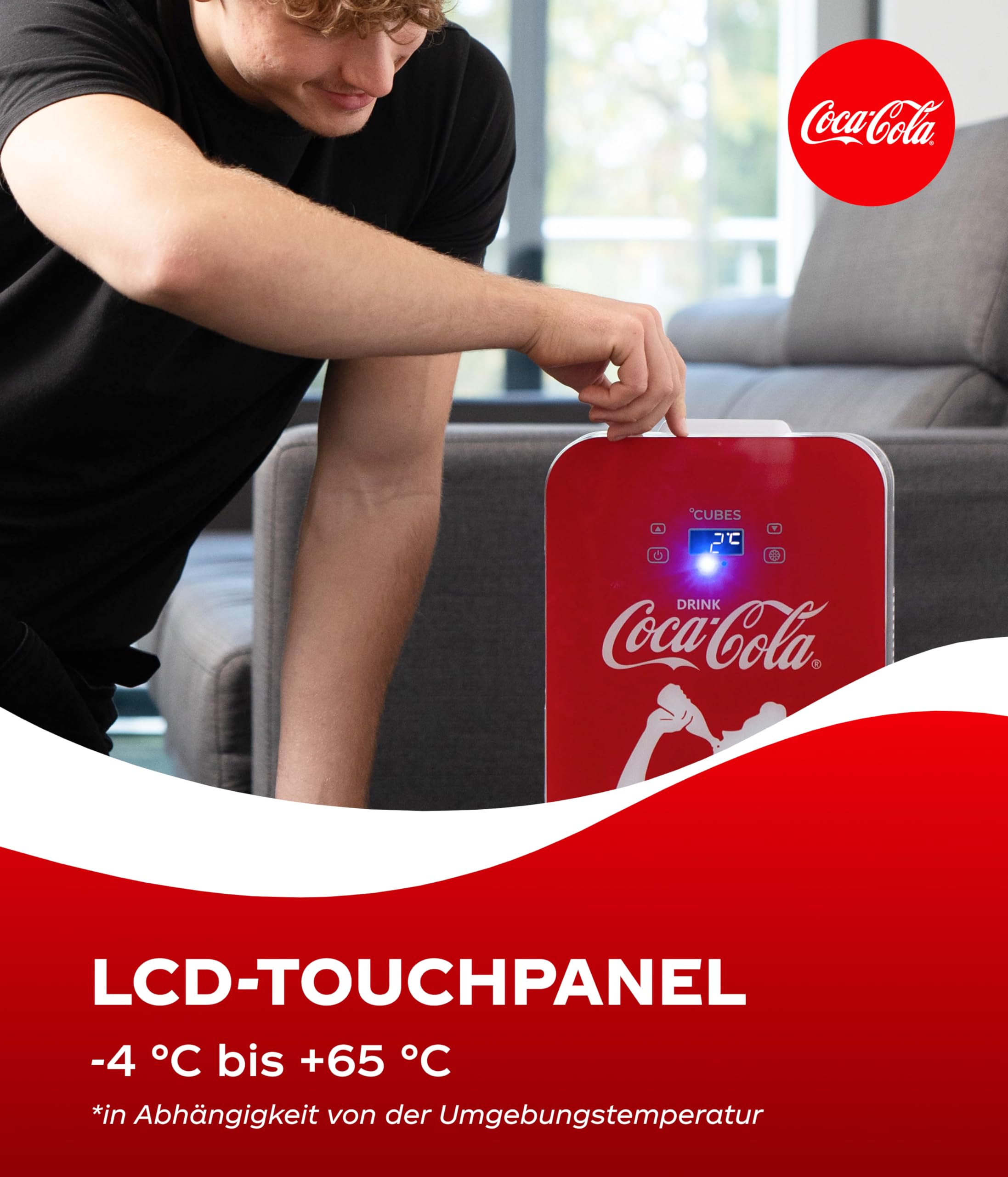 °CUBES Coca-Cola Mini Kühlschrank 9,3L | Kompakter Minikühlschrank mit Glasdruck & LCD-Touch-Display | Kleiner Kühlschrank für Auto & Haushalt | Leise & Effizient | 12V/220V