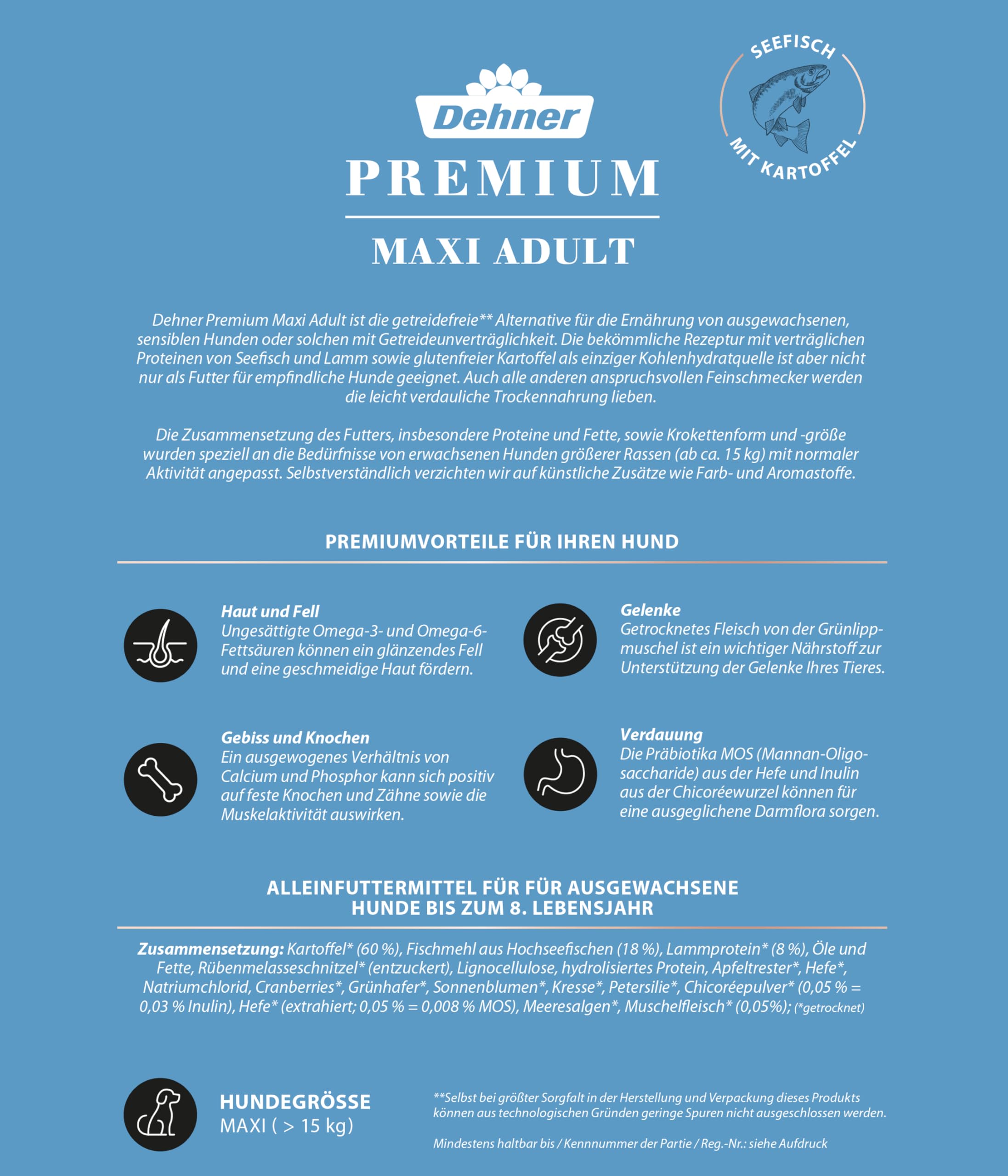Dehner Comida para Perros Premium Maxi Adulto, sin Cereales, para Perros Adultos de Razas Grandes, Pescado/Cordero/Patata, 12,5 kg | Sin cereales, con patatas, para perros adultos de razas grandes