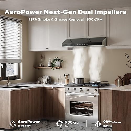 Miniatura 2 de Campana extractora para debajo del gabinete de 30 pulgadas, motor centrífugo dual de 900 CFM, ventilación de cocina con conductos de 3 velocidades,