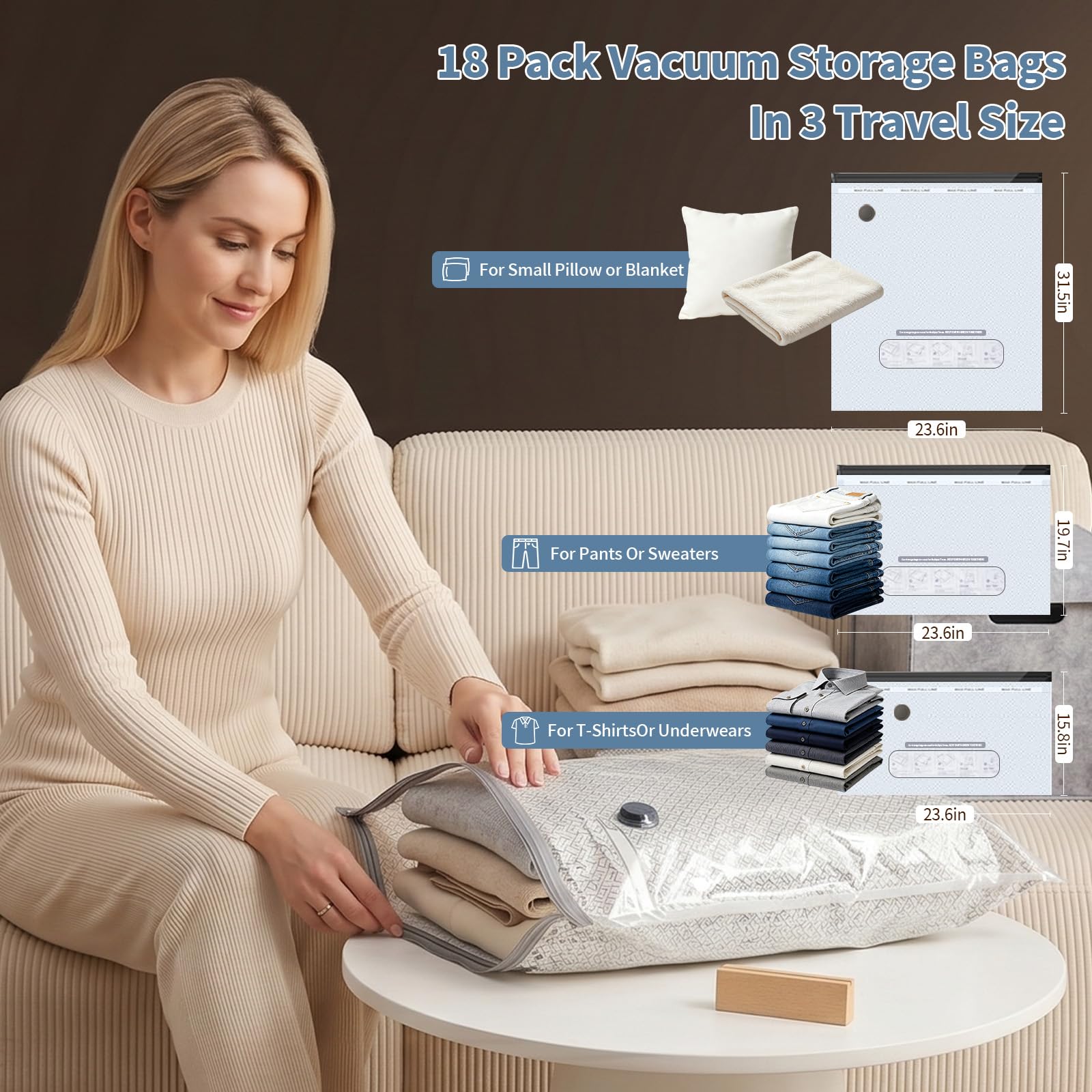 Bolsas de viaje de sellado al vacío para ropa, bolsas de almacenamiento al vacío con bomba recargable, paquete de 18 unidades de compresión para ahorrar espacio para ropa, mantas, ropa de cama, maleta