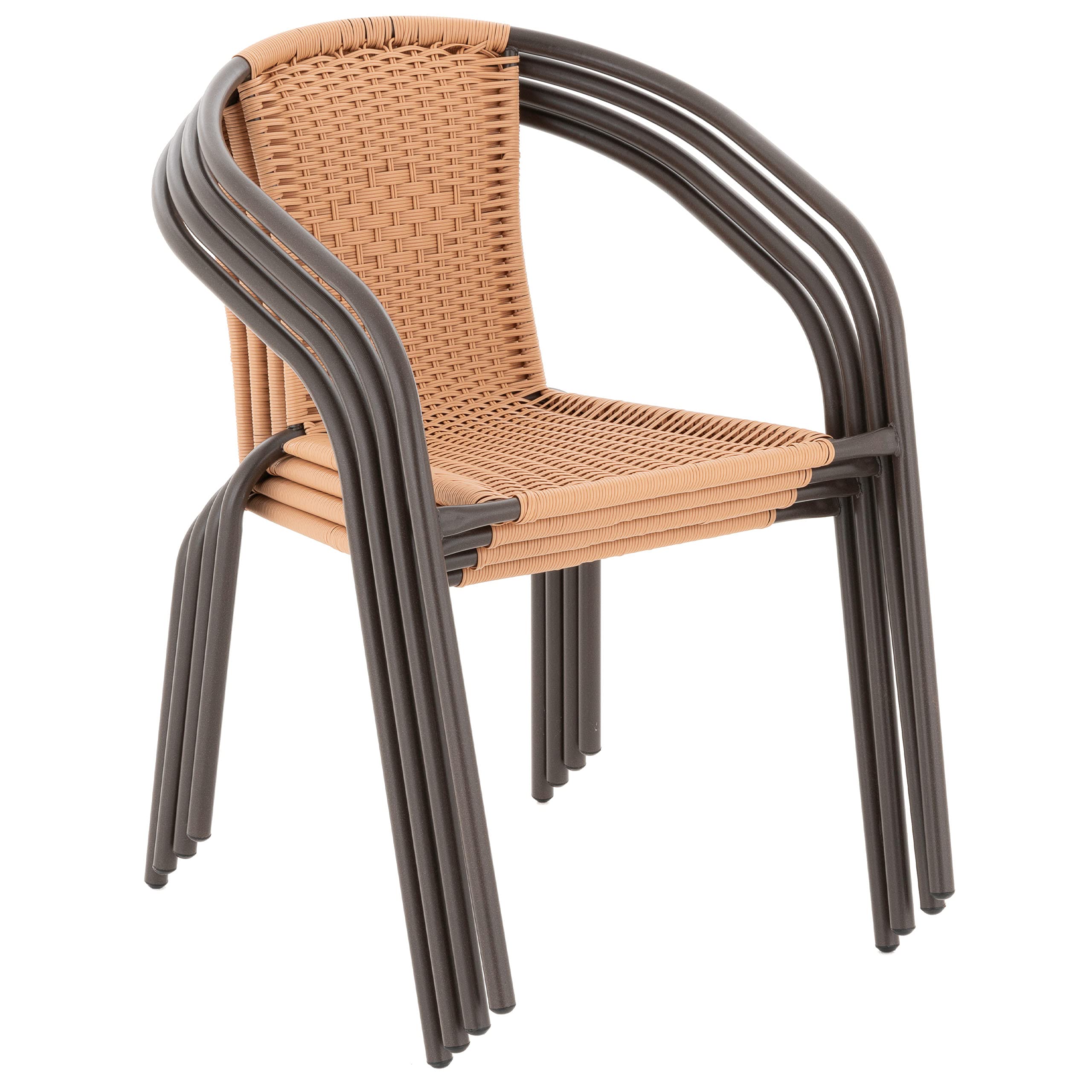 Nexos Trading 4er Set Bistrostuhl Stapelstuhl Balkonstuhl Rattanstuhl Terrassenstuhl – Poly-Rattan Stahlgestell –pflegeleicht robust stapelbar – Farbe Hellbraun