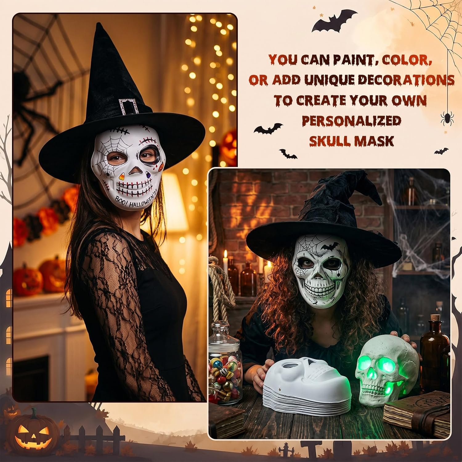 Junkin 50 Pcs Halloween DIY Skull Masks Bulk, Full Face White Blank Masks