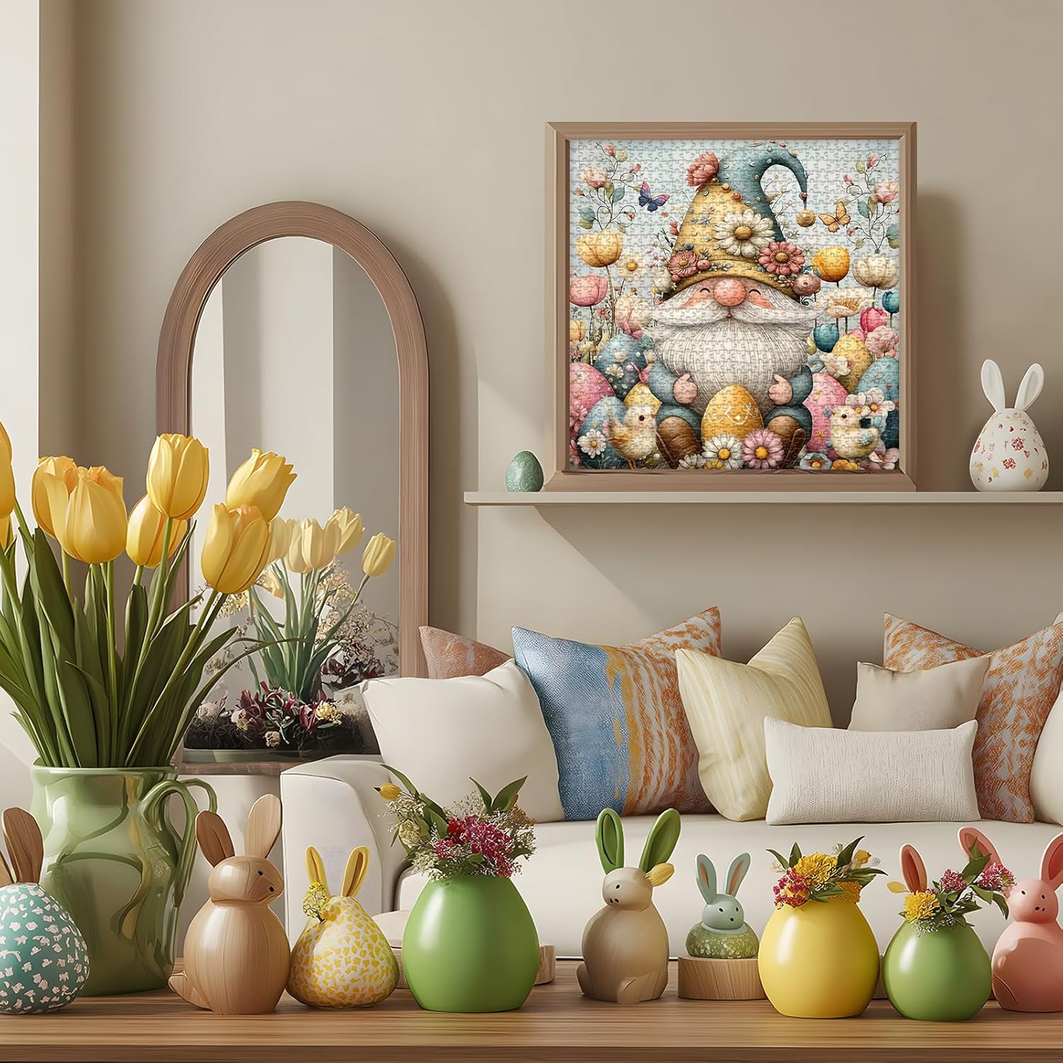 PICKFORU Easter Gnome Puzzles for Adults, Spring Garden Flower Puzzle with Animal Chicken Butterfly, Easter Egg Vintage Jigsaw Puzzle 1000 Pieces