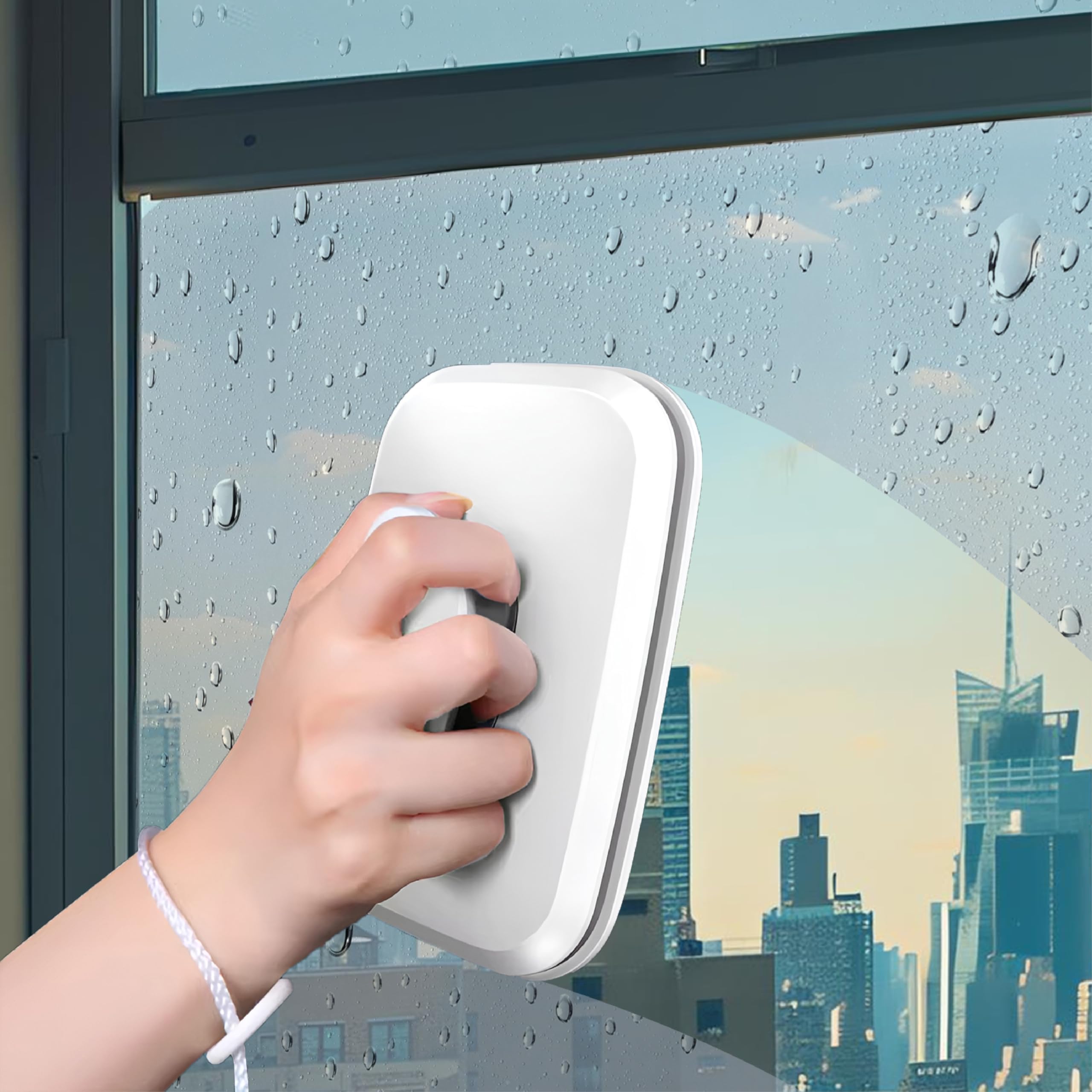 Strong Magnetic Window Glass Cleaner -15CM, Double-Sided Glass Wiper for High-Rise Windows with 2 Extra Cleaning Cotton, Streak-Free Cleaning with Safety Cord for Home & Office Use