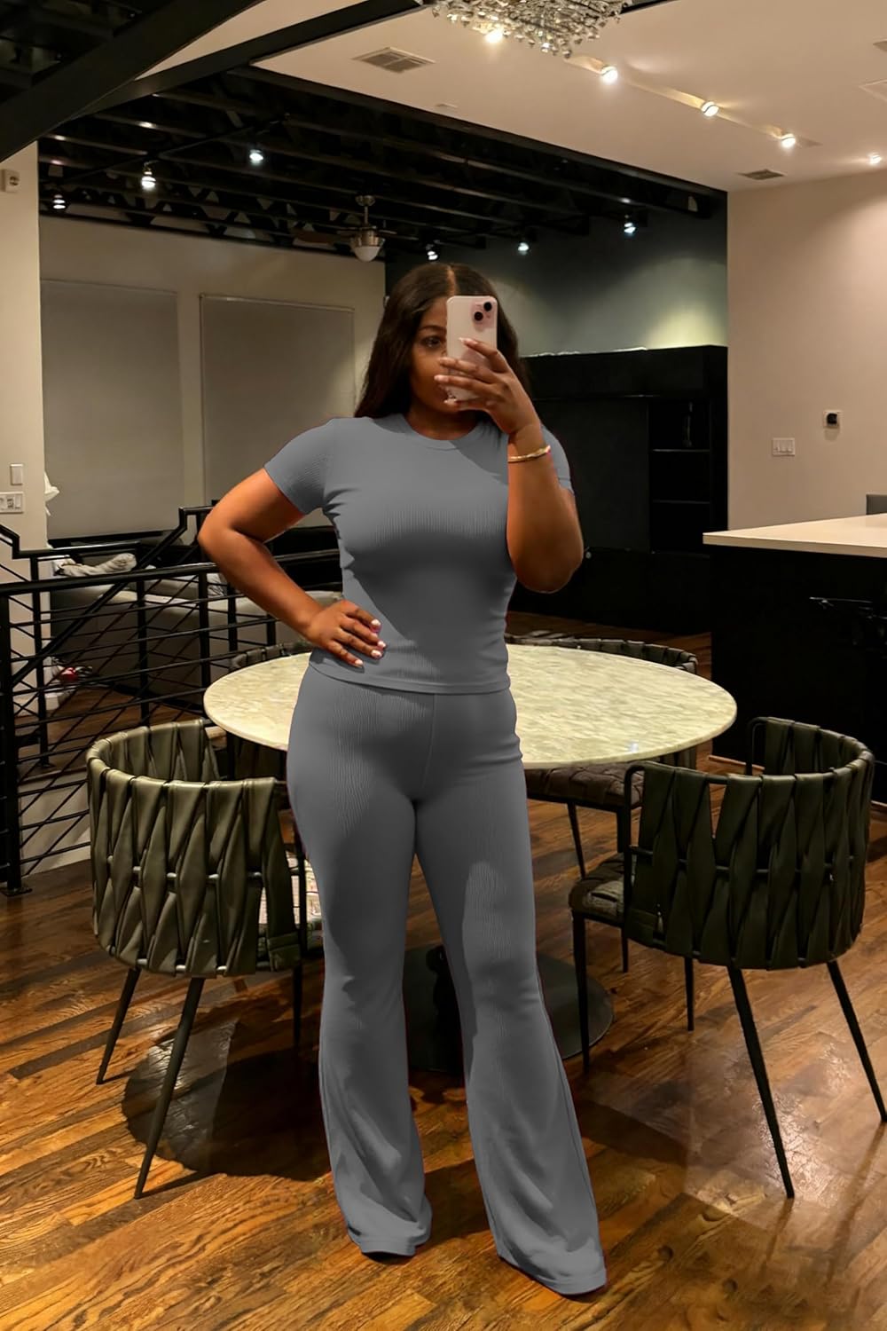 HBQ Women Two Piece Outfit Ribbed Short Sleeve V Neck Polo Top and Flare Pants Casual Lounge Sets Tracksuit - Image 2