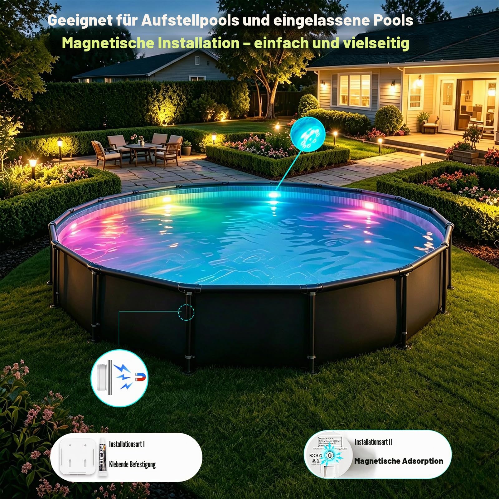 idyl light Poolbeleuchtung Unterwasser, Wiederaufladbar Unterwasser Licht Led mit Fernbedienung, Wasserdicht Pool lichter,Teichbeleuchtung für Pool Badewanne, Aquarium, Brunne, Party Deko, 2 Stück