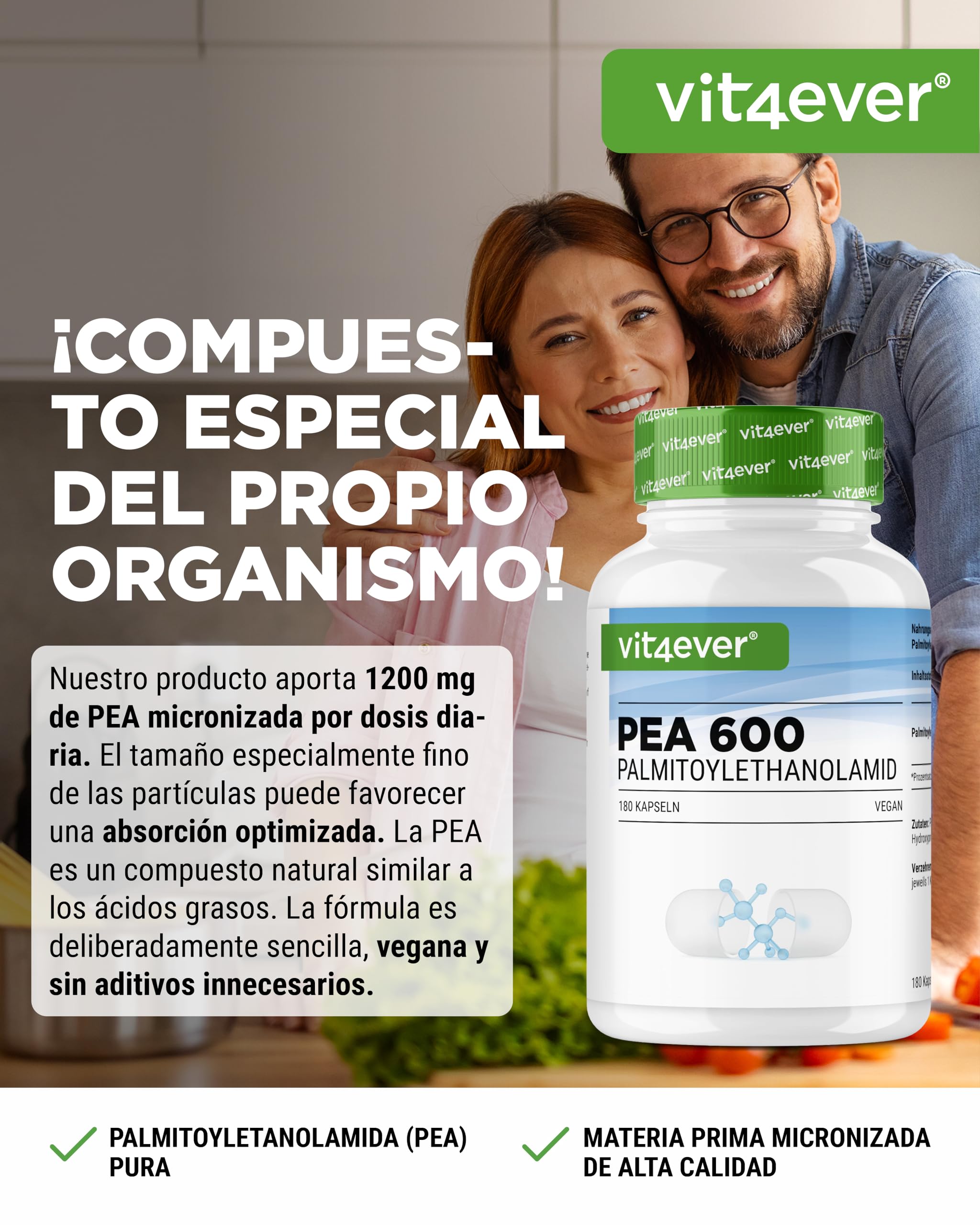 vit4ever PEA 600-180 Cápsulas veganas | 1200 mg de Palmitoiletanolamida Micronizada por dosis diaria - Alta dosis - Sin aditivos - Vegano