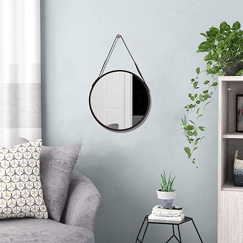 Miniatura 7 de Espejo colgante redondo marrón, espejo de granja de 11.8 pulgadas con cuerda para colgar de cuero para baño, dormitorio, sala de estar, entrada y