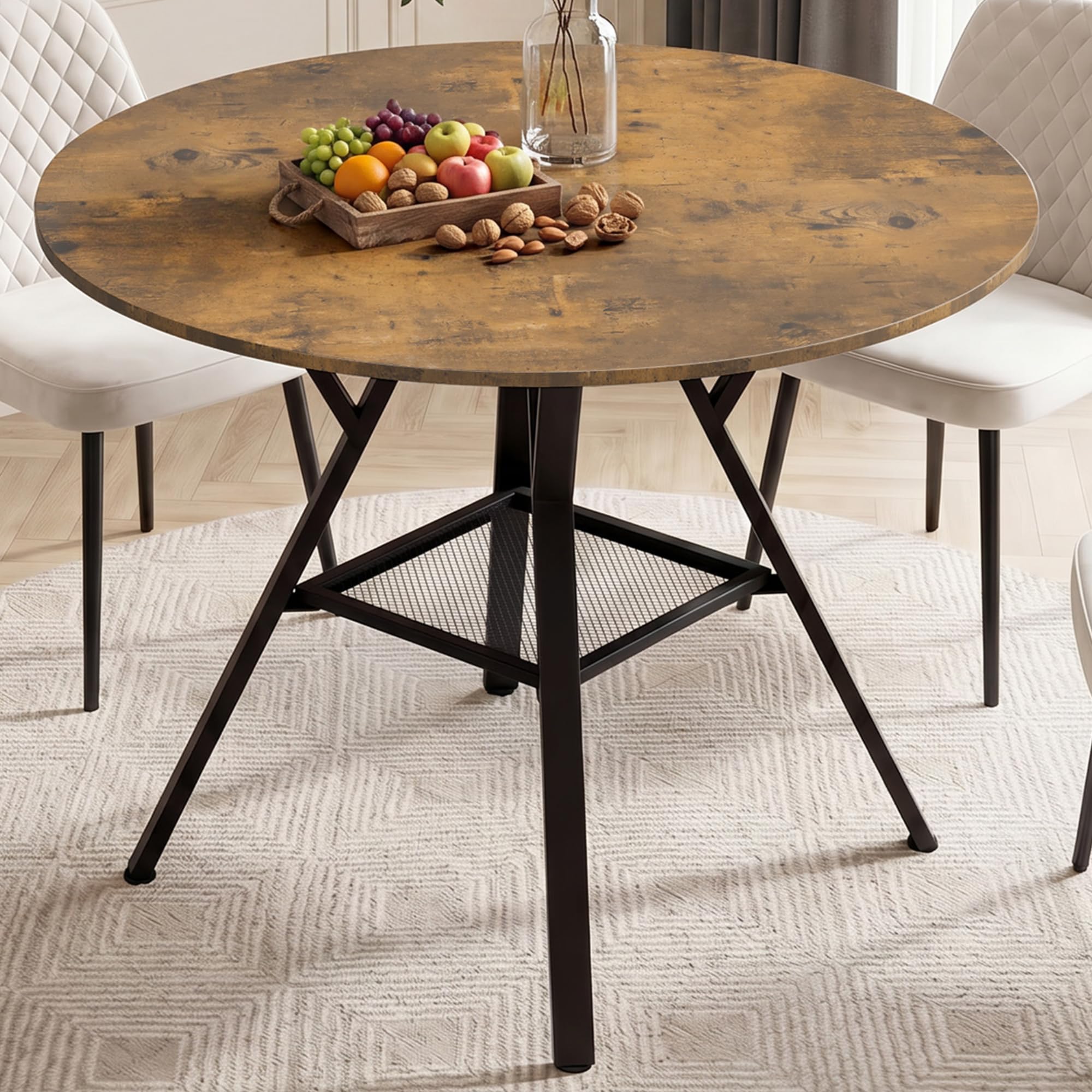 Tavolo da Pranzo Rotondo per 4-6 Persone, Tavolo da Cucina Industriale con Ripiano a Rete, Tavolo in Legno Salvaspazio per Sala da Pranzo e Cucina (Retrò, 100cm)