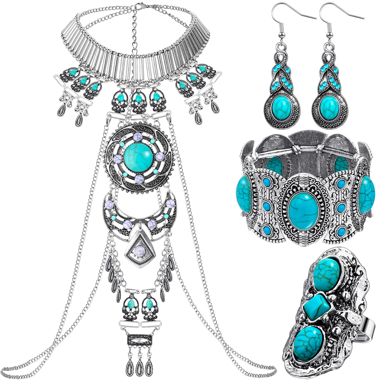 4 Pcs Boho Turquoise Jewelry Set Includes Boho Statement Necklace Body Chains Alloy Oval Resin Drop Dangle Earrings Adjustable Heart Compressed Turquoise Bracelet Statement Ring for Women
