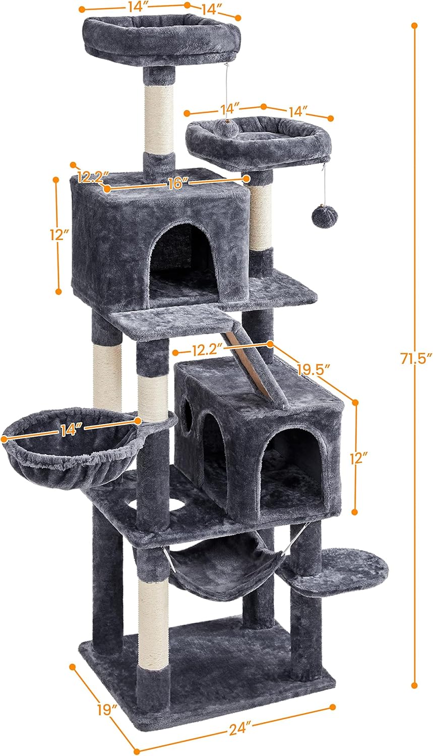 Diagram showing the dimensions of the Yaheetech 71.5-inch Cat Tree, including height, width, and depth of various components.