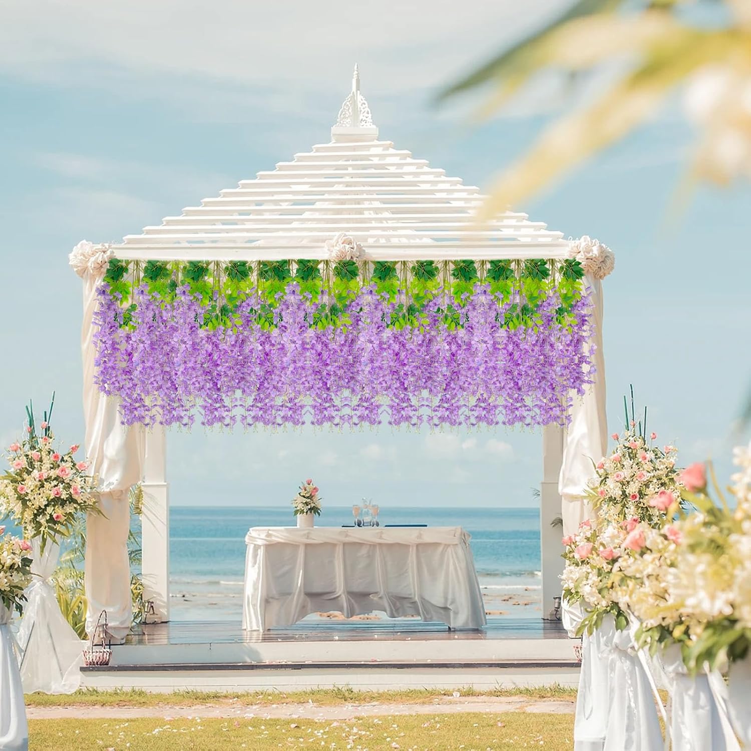 24PCS Light Purple Artificial Wisteria Hanging Flowers, 3.44 Ft Fake Hanging Flowers Garland Silk Flowers, Faux Wisteria Garland Vines for Outdoor Yard Garden Patio, Wedding Arch Backdrop Home Decor