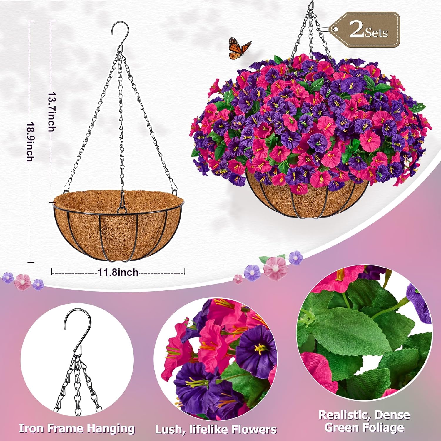 TTQ Set of 2 Artificial Hanging Flower Baskets for Outdoor Decor, 16 Bundles Faux Silk Morning Glory Flowers with 2 Hanging Baskets for Porch Patio Balcony Garden Spring Summer Decoration