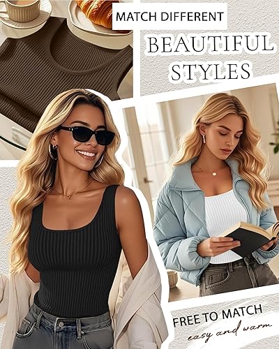 Miniatura 3 de Paquete de 3 camisetas térmicas sin mangas acanaladas para mujer, de forro polar de algodón, cuello redondo, ajustadas, capa base de camisola