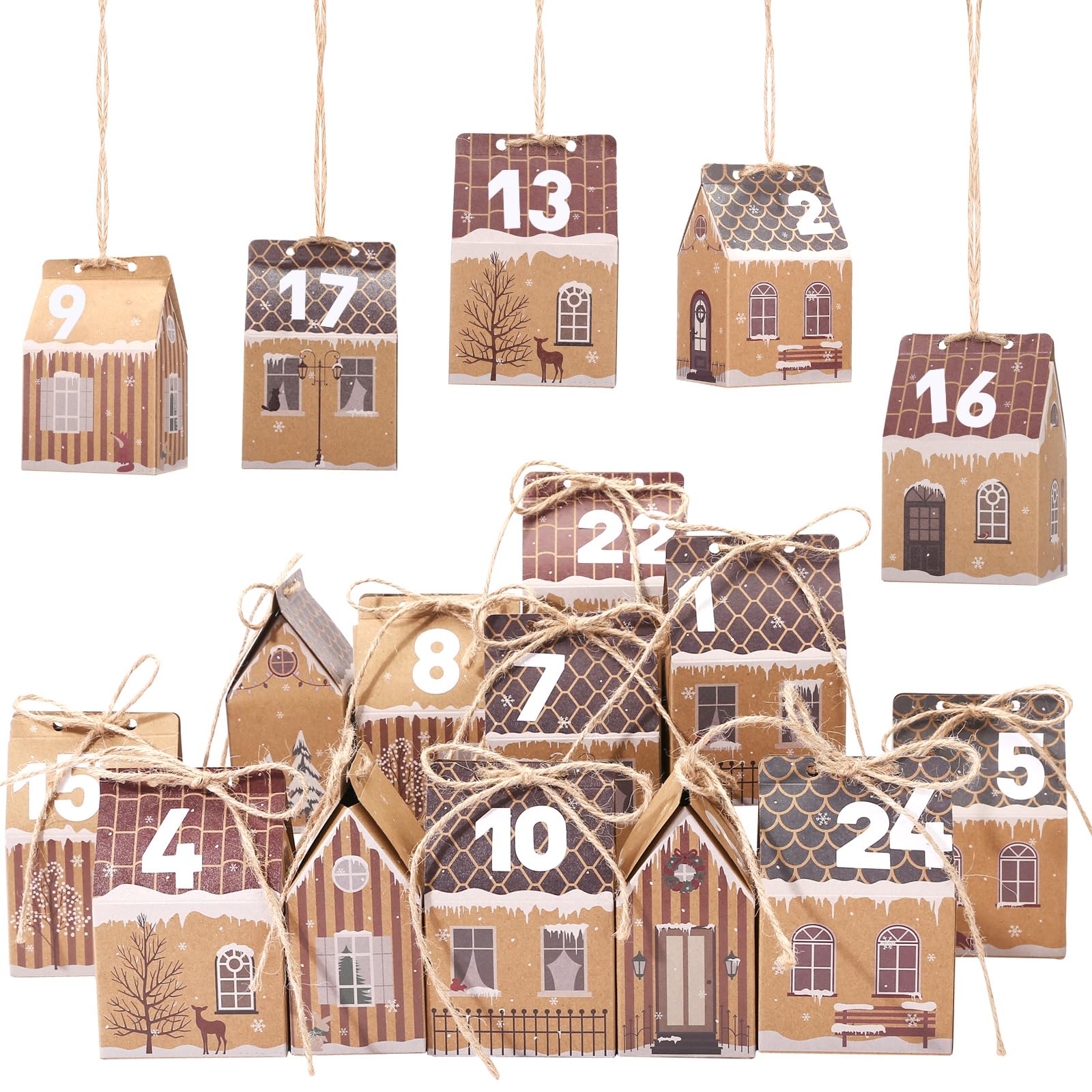 GWHOLE Calendrier de l'Avent Vide a Remplir Soi Meme, 24pcs Boite Calendrier de l'avent Maison Reutilisable en Papier Kraft pour DIY Cadeau Mural Décoration Sapin Noel