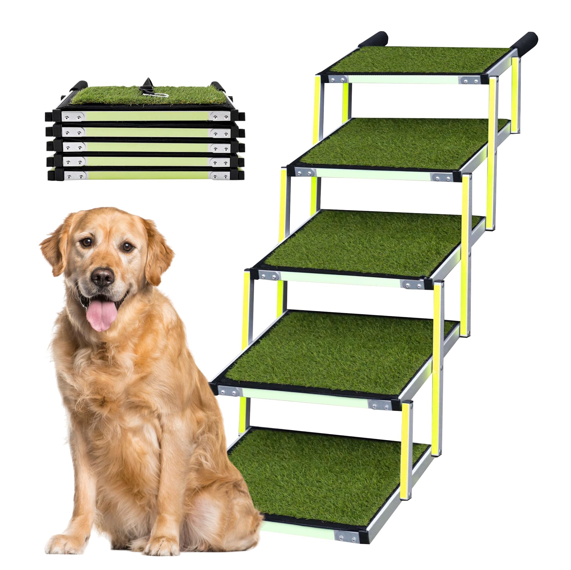 Dog Steps for Car - Dog Ramps for Cars with Glow in the Dark Marking - Grass Padded Steps Car Ramp - Suitable for Medium Cars & Crossovers - Portable Aluminum Folding Pet Ramp for Dogs - 5 Steps — image 1