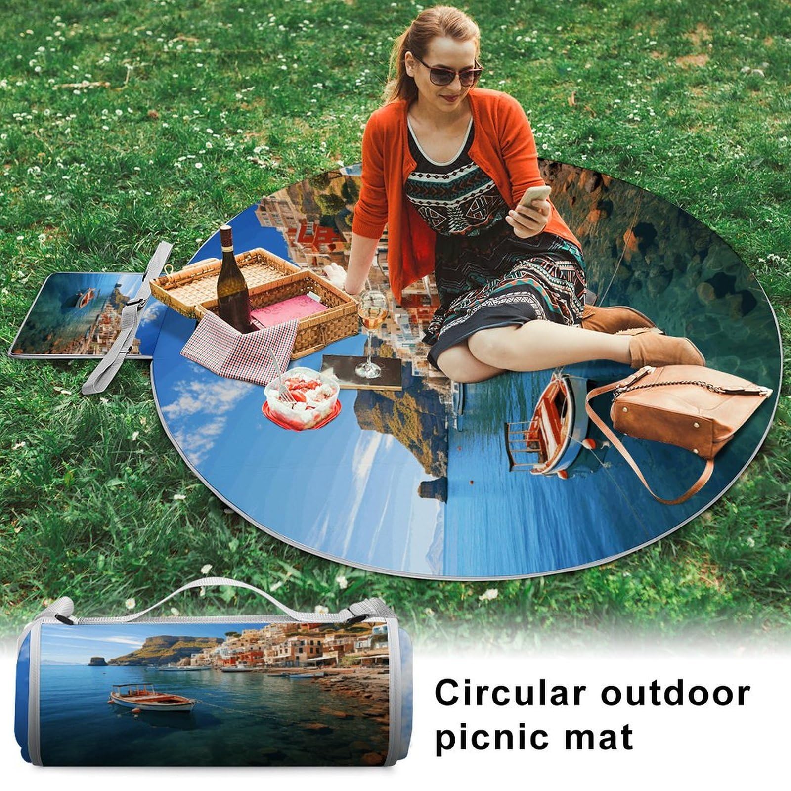 Nadmorskie miasteczko koc piknikowy, okrągły, składany, lekki, wodoodporny koc plażowy, koc outdoorowy, na wiosnę, lato, kemping, do parku, trawy podróżnej