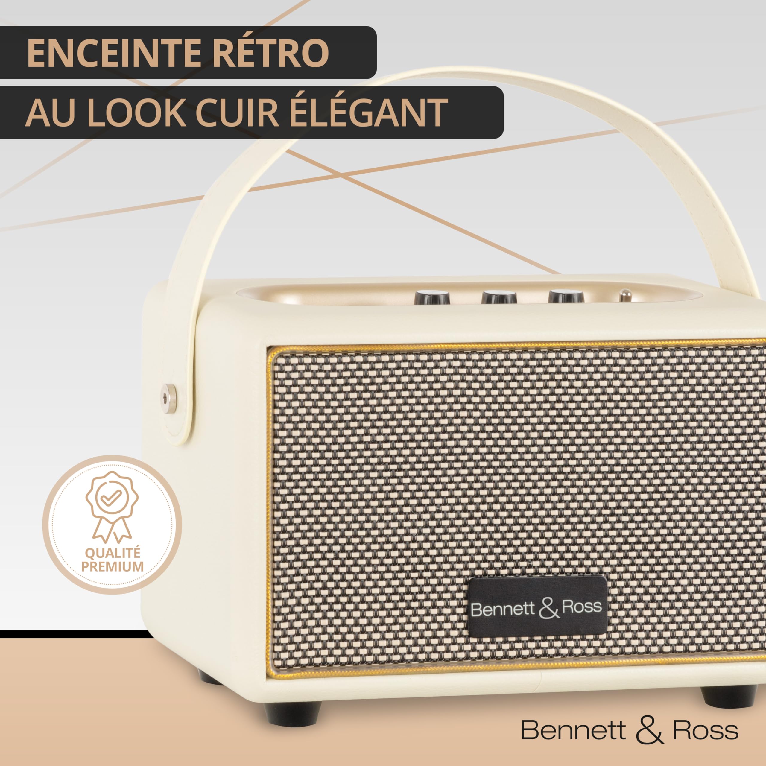 Bennett & Ross BB-820CW Blackmore Junior - Haut-Parleur Bluetooth rétro en Cuir avec accu 5200 mAh - Haut-Parleur Vintage avec 20W - Entrée MicroSD avec Lecteur MP3 - Aux-in - Enceinte Blanc créme