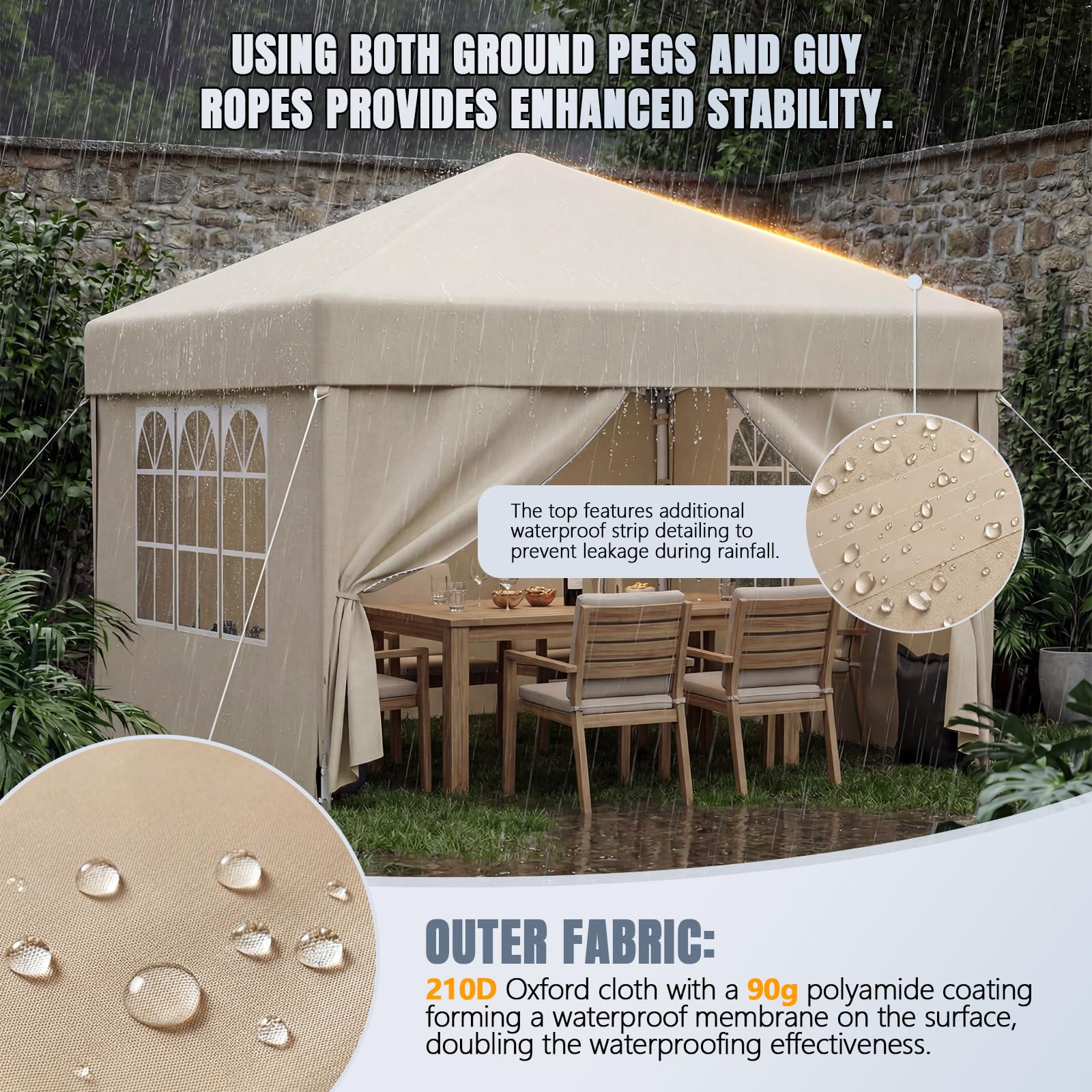 JUMMICO Tonnelle Pliable 3x3m Imperméable Stable au Vent Hauteur Réglable Beige