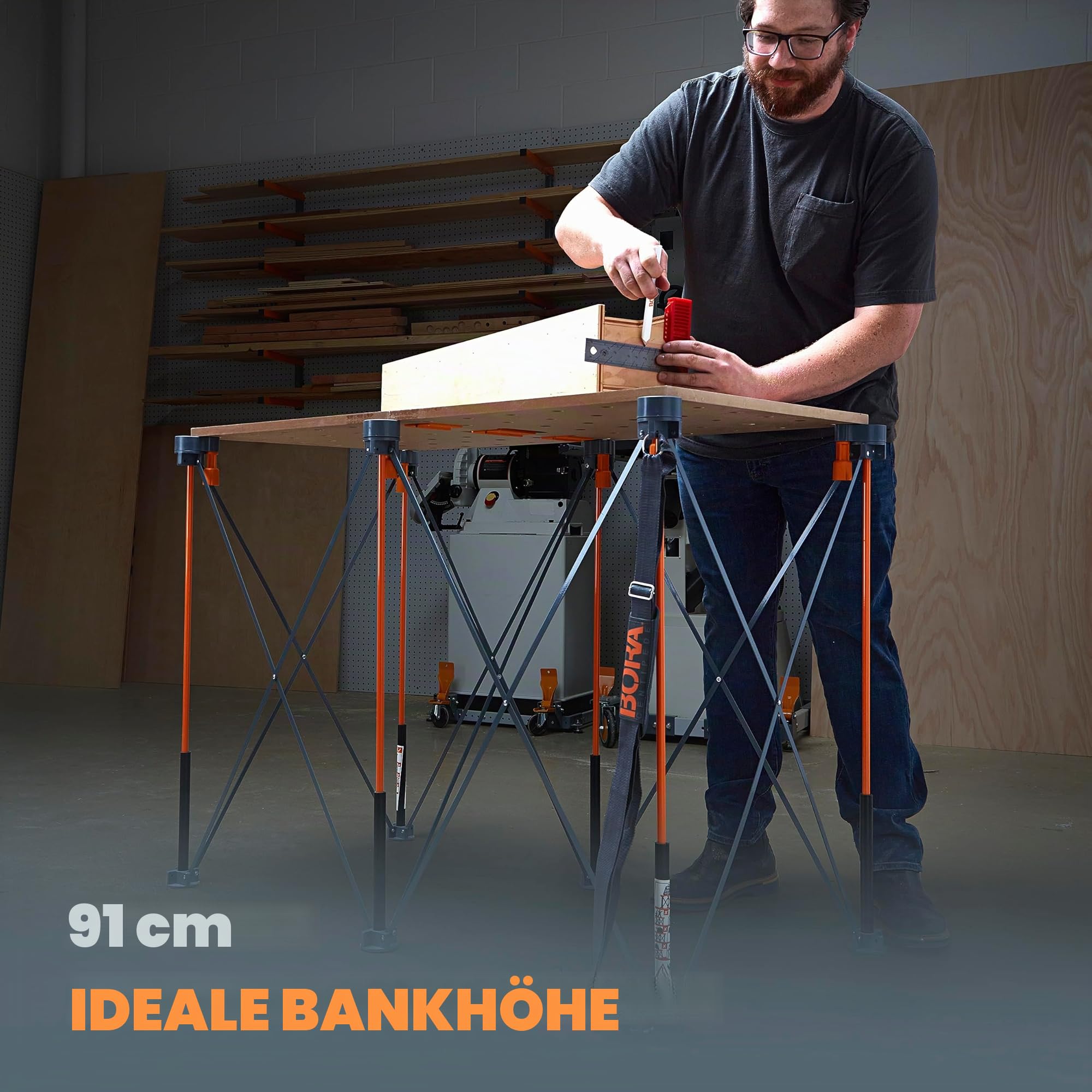 Bora Centipede 91,4 cm hoher werkbank klappbar mit Tragegurt, zusammenklappbare Werkbank, Bautisch, 61 x 122 cm,1,1 kg Tragkraft, Orange/Schwarz