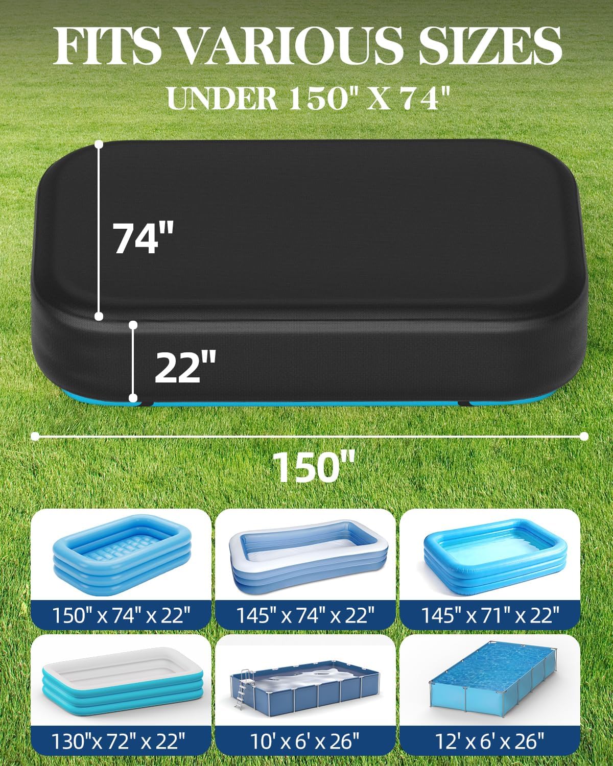 150" x 74" Inflatable Pool Cover, Rectangle Pool Covers for Blow Up Pool, 12.5 x 6.17 ft Rectangular Above Ground Pool Cover with Drawstring & Rope Tie - Quick Setup Snug Fit, Dustproof, Windproof