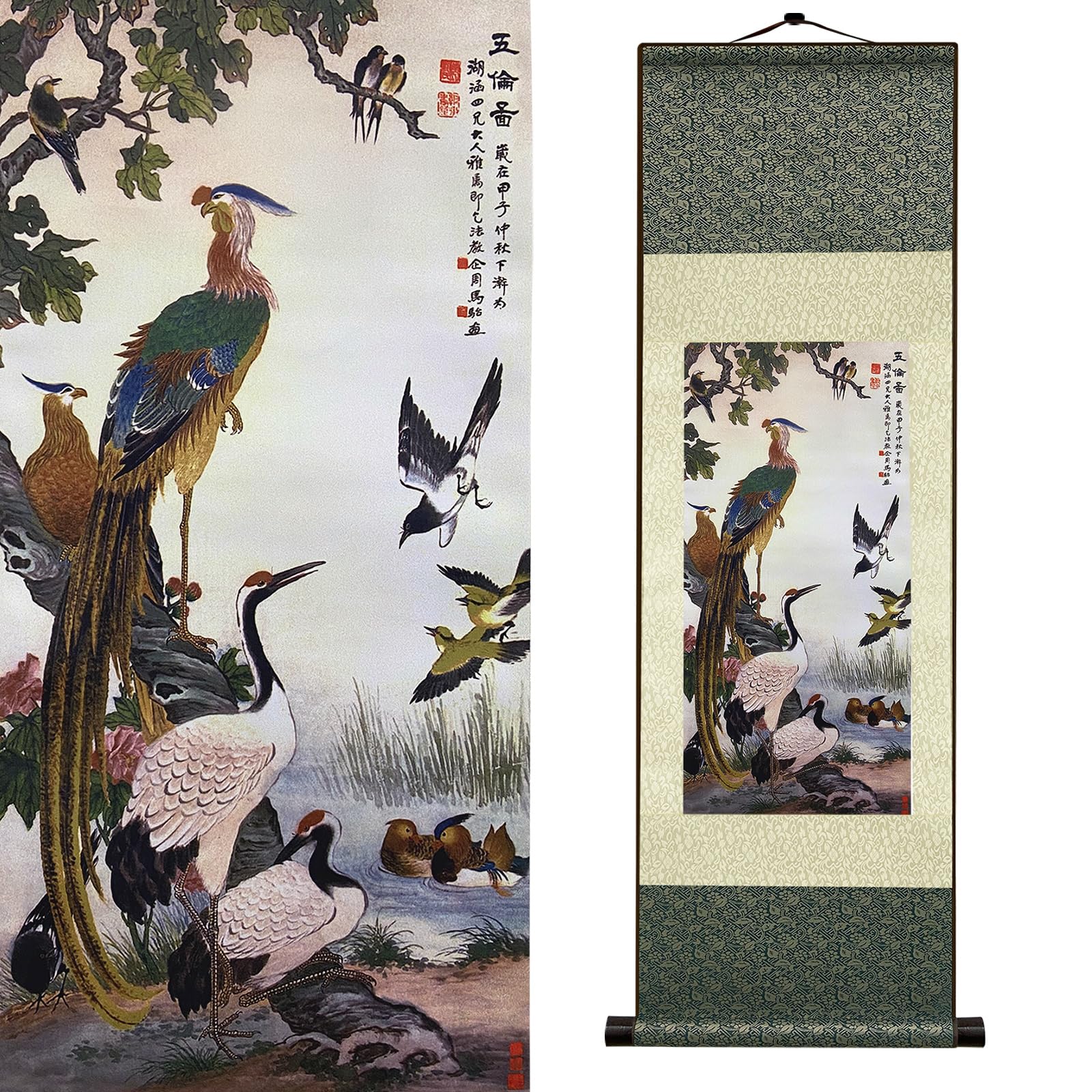 Newscz Bedroom Wall Art Silk Scroll Animal Wall Painting Bird Posters Wall Tapestry Asian Art House Decoration for Home Living Room Lounge Decor 36 by 12 in(HJ-K002)