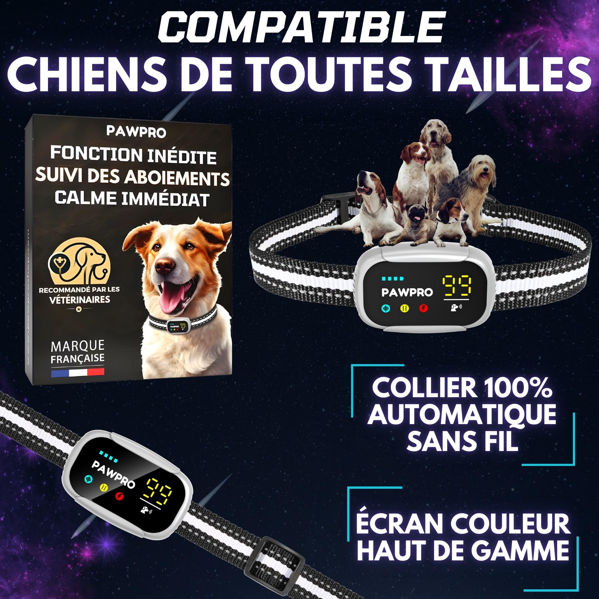 PAWPRO Collier Anti Aboiement pour Chiens, 4 Modes BIP Vibration Choc avec Suivi des Aboiements, Guide de Dressage Inclus, Automatique Rechargeable Étanche, Adapté à Tous Les Chiens, Marque Française