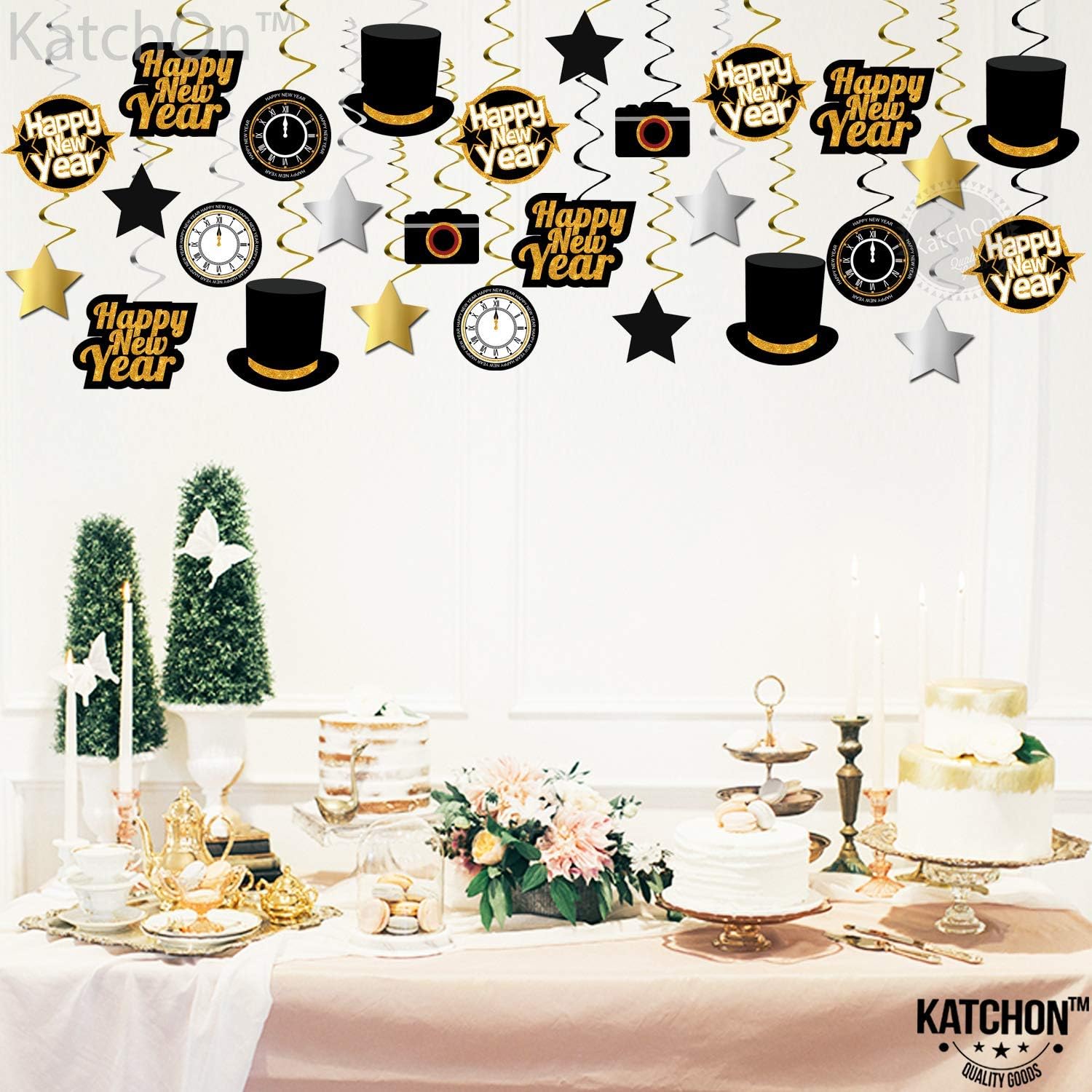 KatchOn, Happy New Year Hanging Swirls - XtraLarge Happy New Year Banner | New Years Backdrop, New Years Hanging Decorations, New Years Decorations | Black and Gold New Years Eve Party Supplies 2025