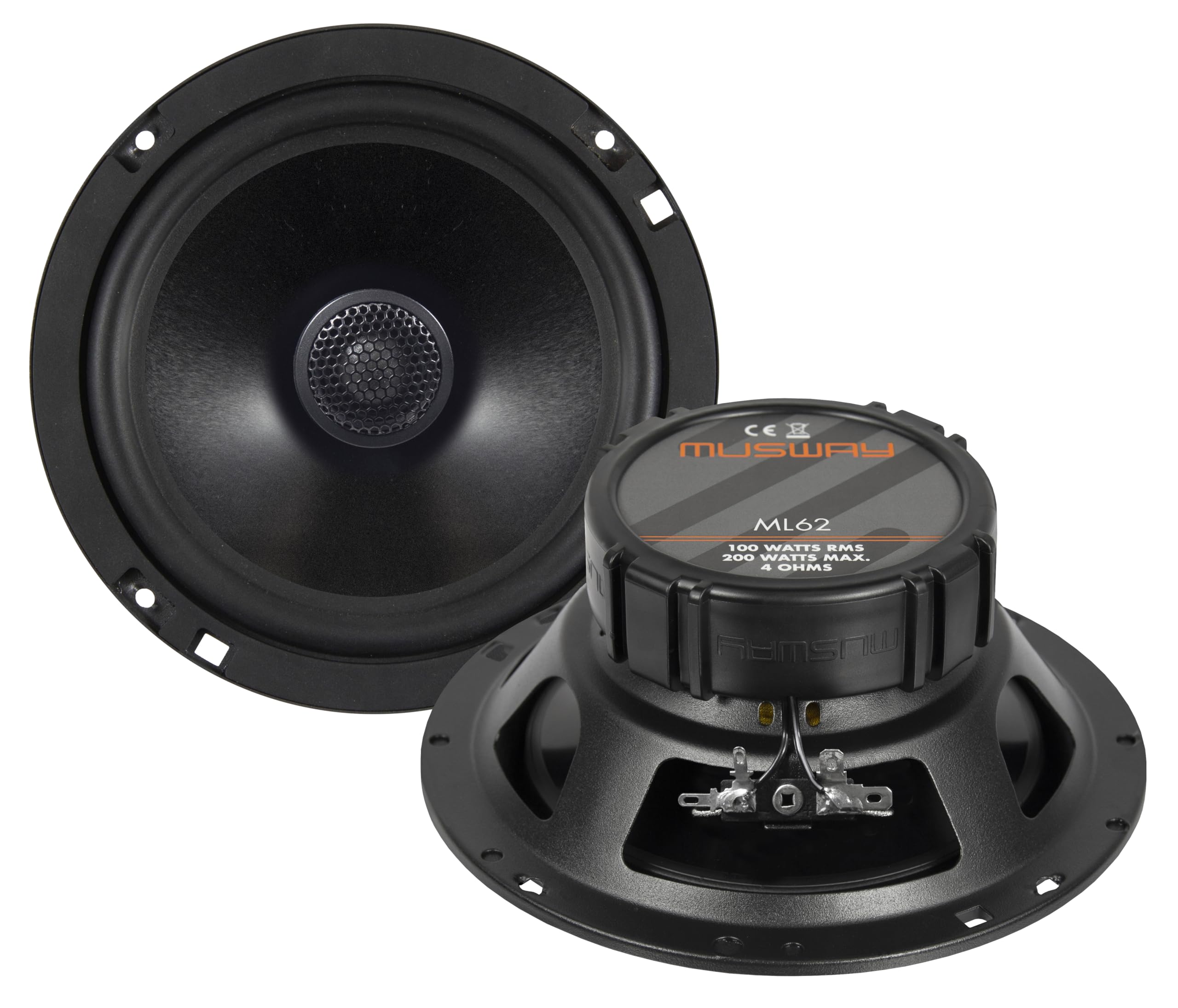 MUSWAY ML62 - Sistema coaxial de 2 vías de 16,5 cm, altavoz empotrable para coche con tweeter de tejido de 20 mm y membrana de aluminio para un sonido impresionante