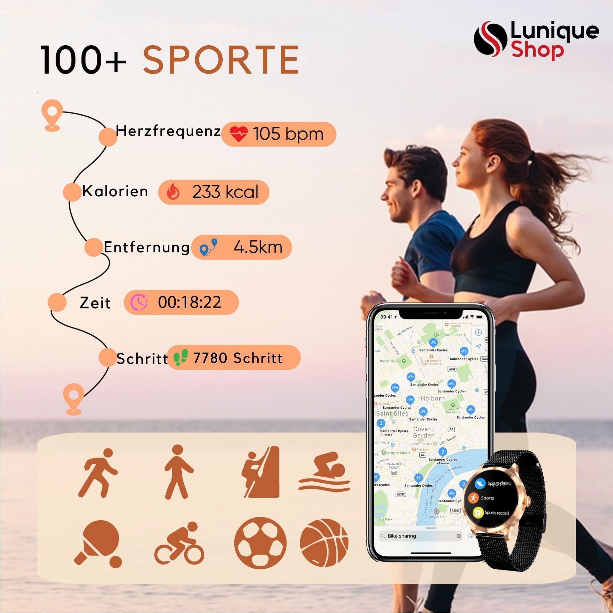 LUNIQUESHOP Round Smartwatch V2 für Frauen Telefonfunktion, Sprachassistent|Kleiner runder 1,19" 120 Sports Herzfrequenzmonitor Blutdruckmonitor Schlafmonitor Damenuhr Android iOS Schwartz Gold