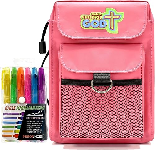 Funda para Biblia para niños, color rosa, mediana, con 6 rotuladores de gel surtidos en cartera de PVC a presión
