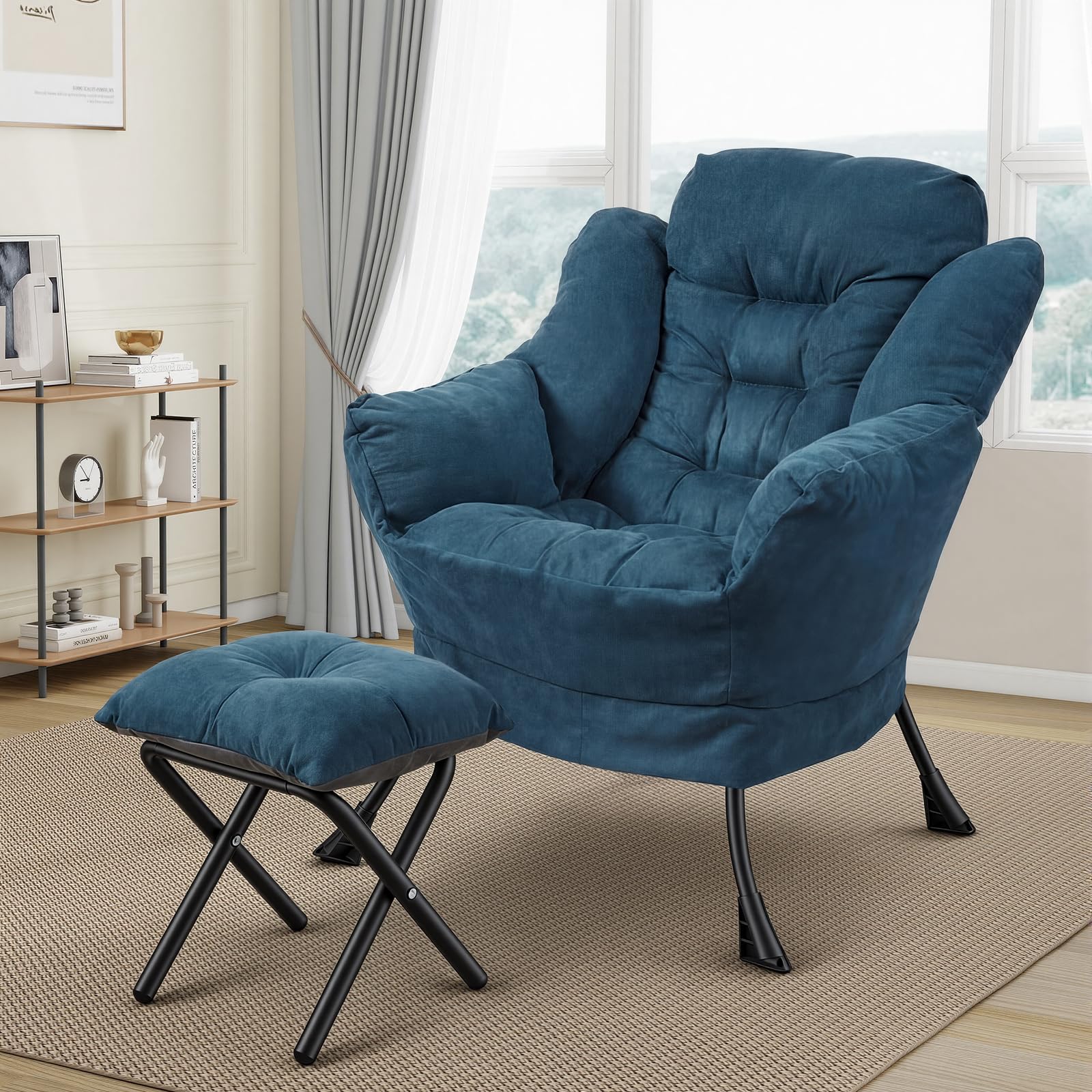 Panana Armchair Accent Chair,Living Room Comfy Armchair Reading Chair with Footstool Lazy Accent Chairs,Metal Frame Lazy Sofa Chairs for Living Room Bedroom Study Room Office (Green) — image 1
