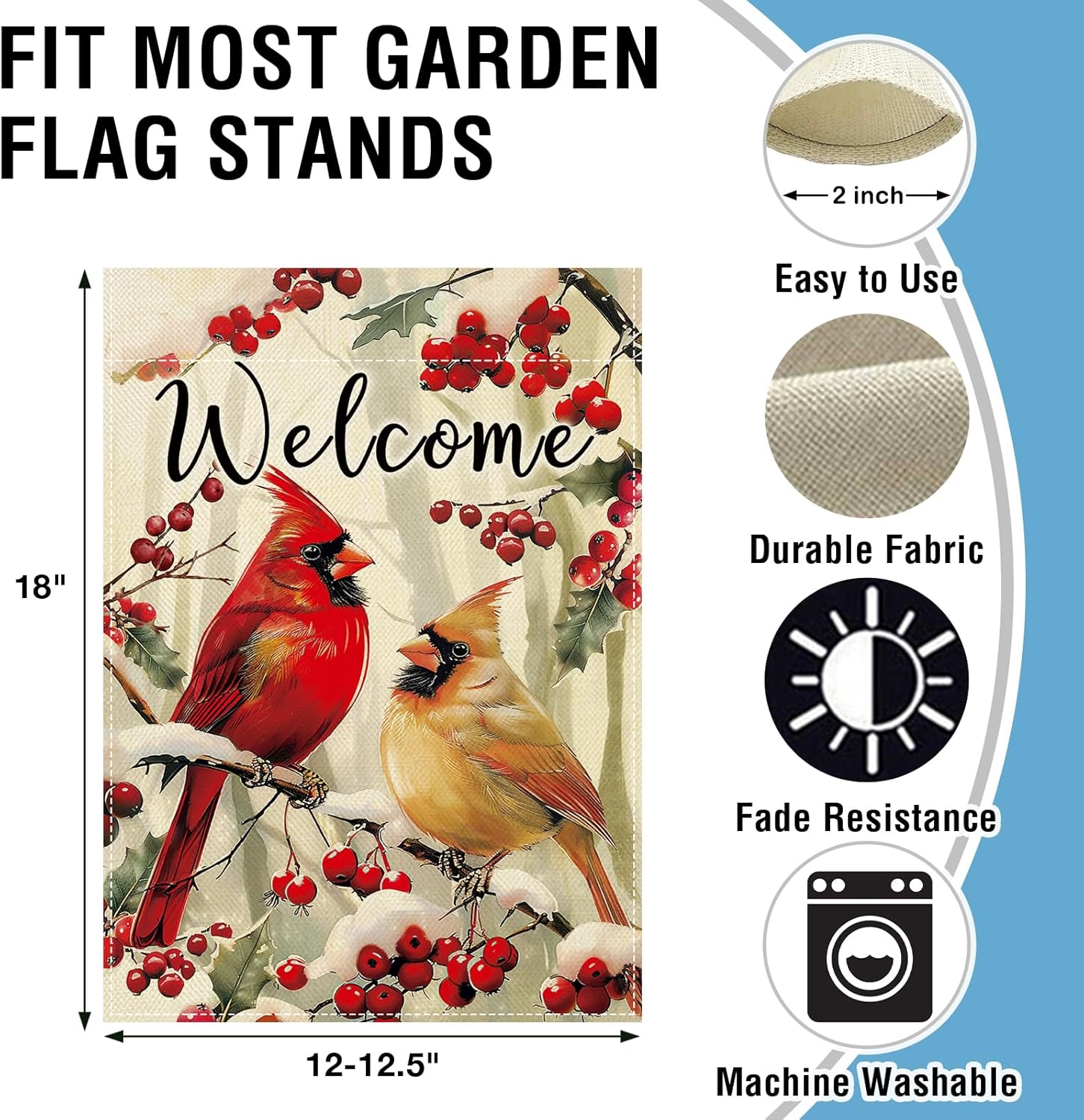 Artofy Welcome Winter Cardinal Small Decorative Garden Flag, Snowy Red Birds Holly Berry Branches Yard Lawn Outside Decor, Christmas Seasonal Burlap Outdoor Home Decoration Double Sided 12 x 18 - Image 2