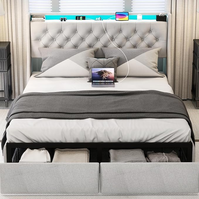 Queen Size Bed Frame with 2 Drawers, Upholstered Platform Bed with LED Lights Storage Headboard and Charging Station, Tufted Button, No Box Spring Needed, Easy Assembly, Beige