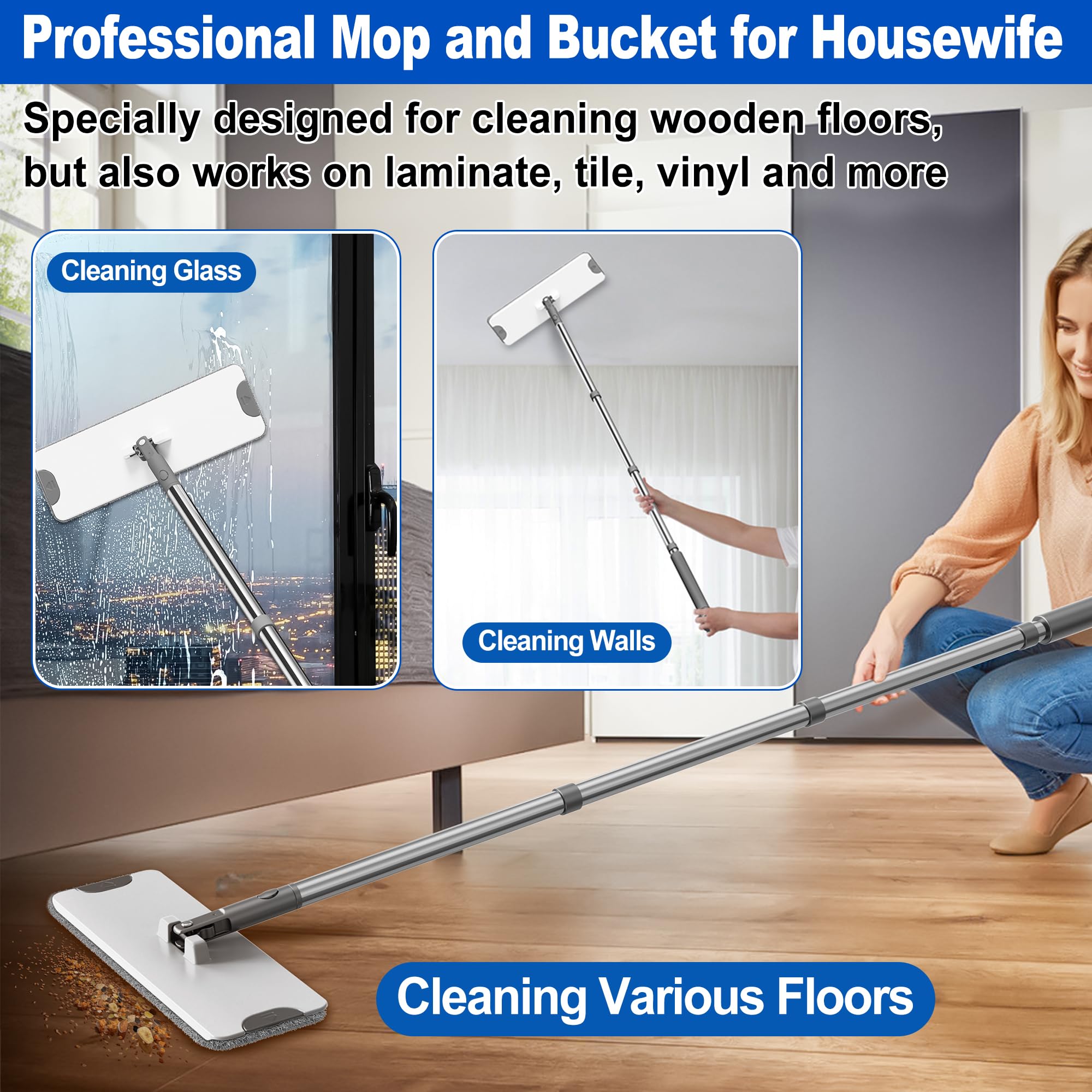 Set di mocio e secchi: testa piatta con 6 panni in microfibra riutilizzabili per la pulizia a secco e bagnato, mocio per la polvere, per casa, bagno, cucina, pavimenti in legno laminato