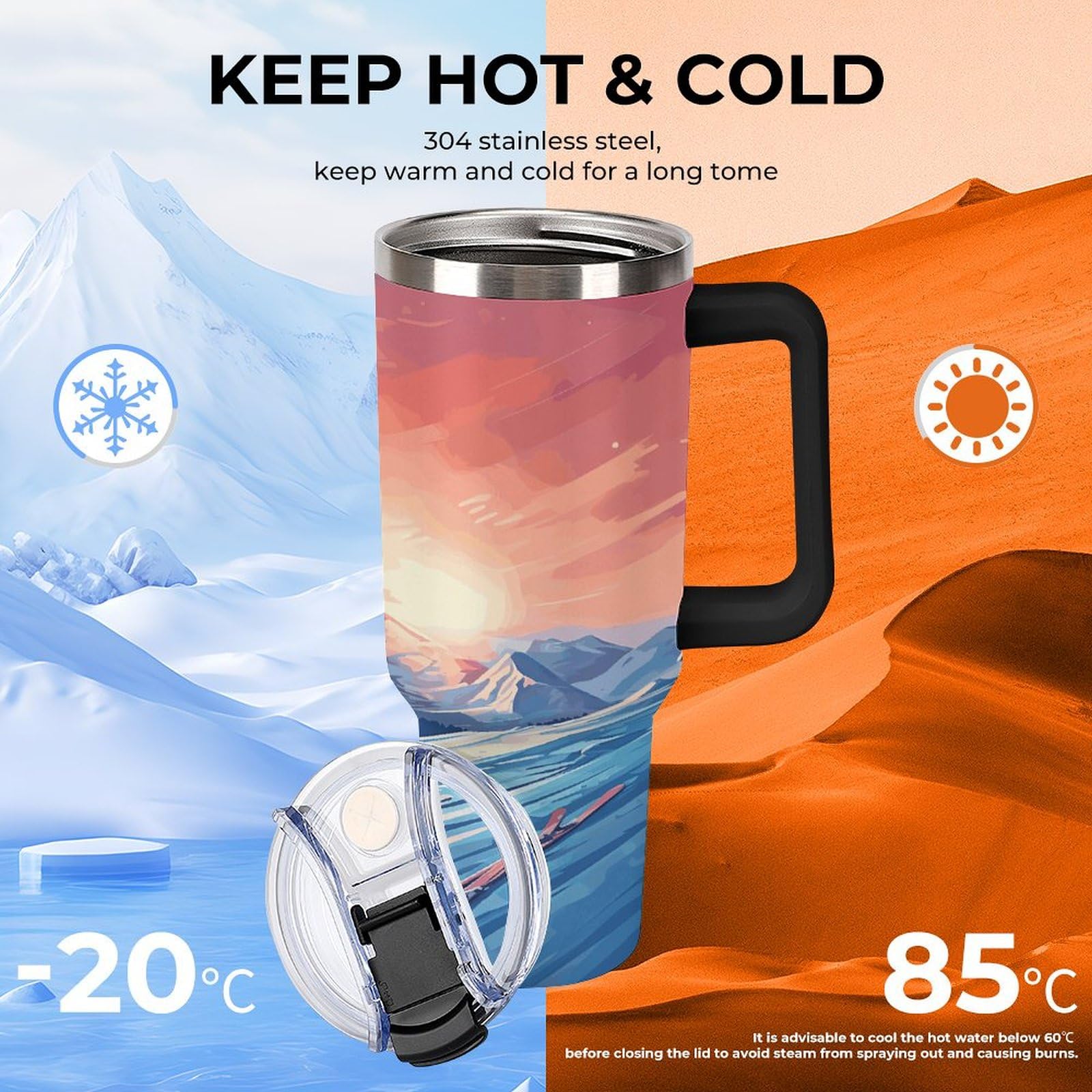 Isolierter Kaffeebecher, Ski-Board, bedruckter Strohhalmbecher mit Griff, Reisebecher, geeignet für Arbeit, Reisen, Zuhause und Auto