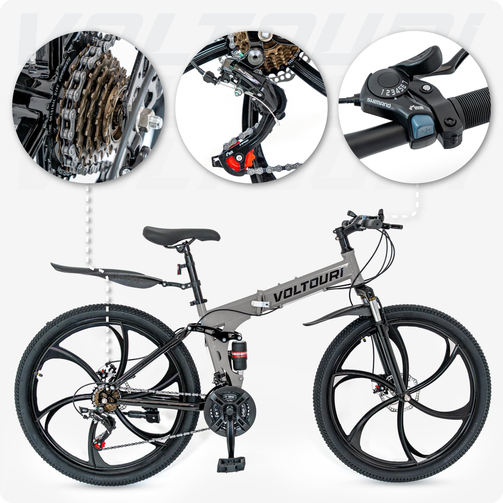 THUNDER Klappbares Mountainbike 26 Zoll, MTB Klapprad mit 21 Gängen, Vollfederung, mechanische Scheibenbremsen, Stahlrahmen, für Erwachsene und Jugendliche